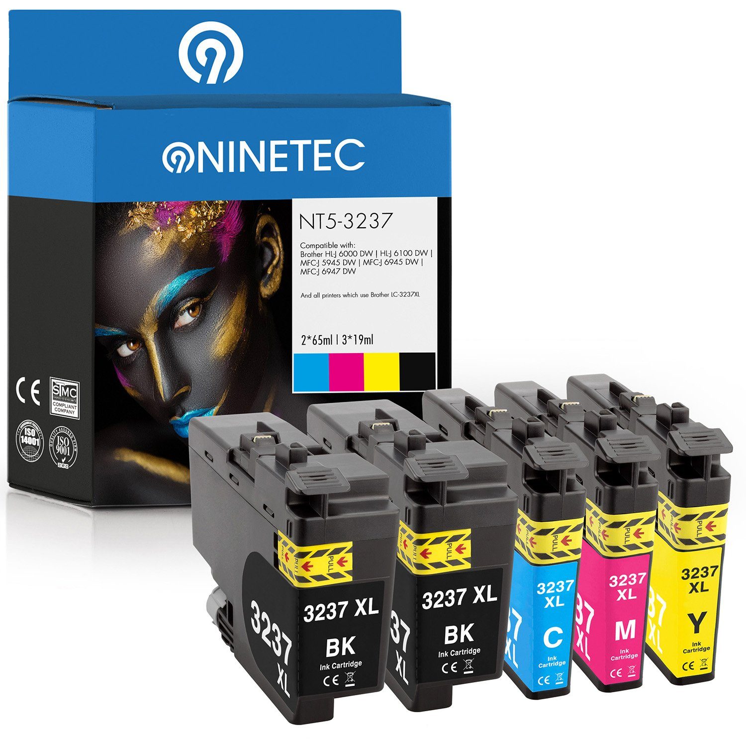 NINETEC 5er Set ersetzt Brother LC-3237 3237XL Tintenpatrone