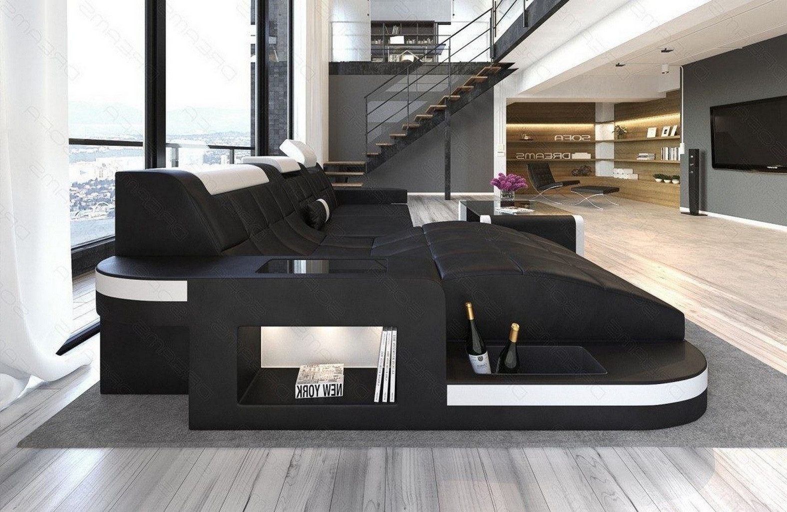 Sofa Dreams Ecksofa Wave L Form Ledersofa LED, 4-Sitzer, Büffelleder Premium, Schwarz-Weiß, Ottomane links, Bett
