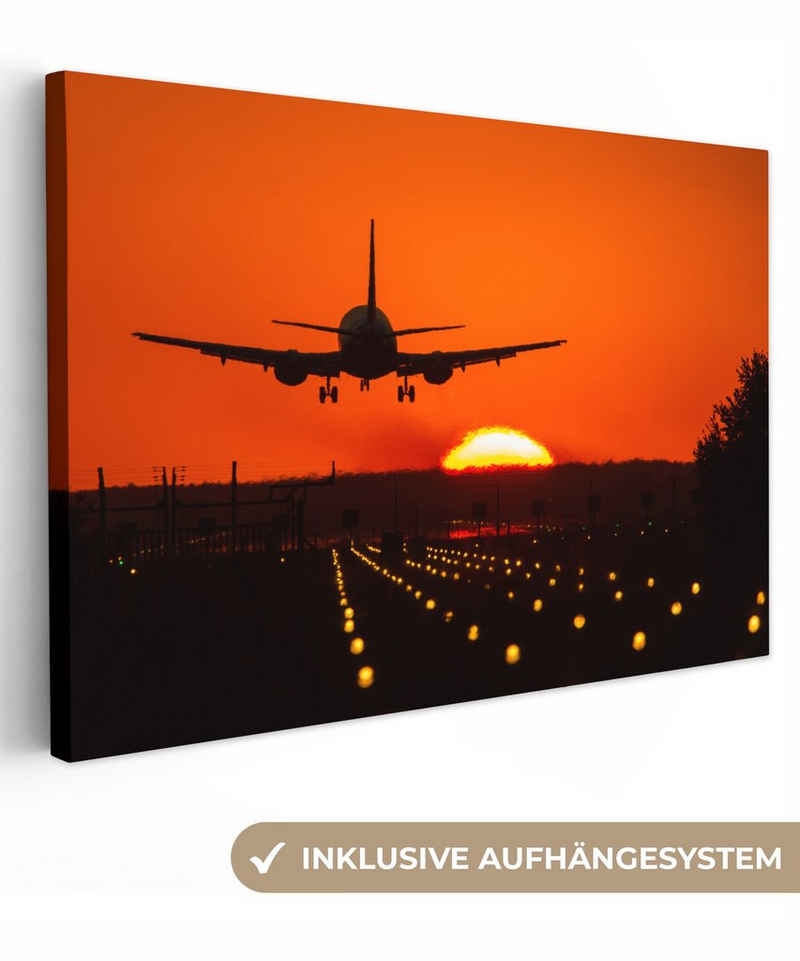 OneMillionCanvasses® Leinwandbild Sonnenuntergang - Flugzeug - Orange - Sonne, Sonnenuntergang (1 St), Wandbild Leinwandbilder, Aufhängefertig, Wanddeko, 30x20 cm