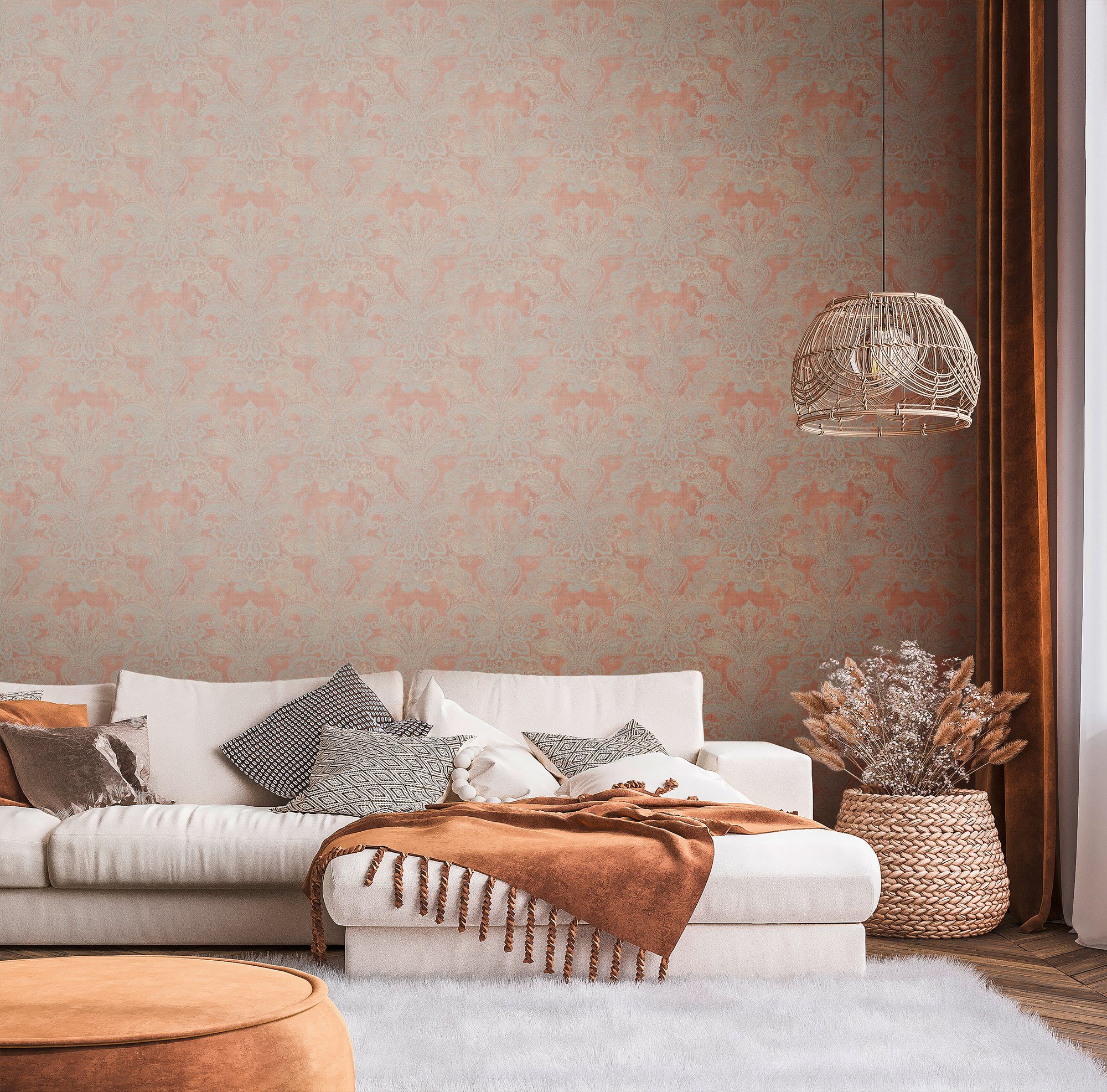 living walls Vliestapete Metropolitan (1 Styles. Orange,Türkis,Grau mit Travel Vintage-Optik Barock Stories. Tapete Klassisch Elegant leicht Ornament-Tapete St), strukturiert, Ornamenten, matt