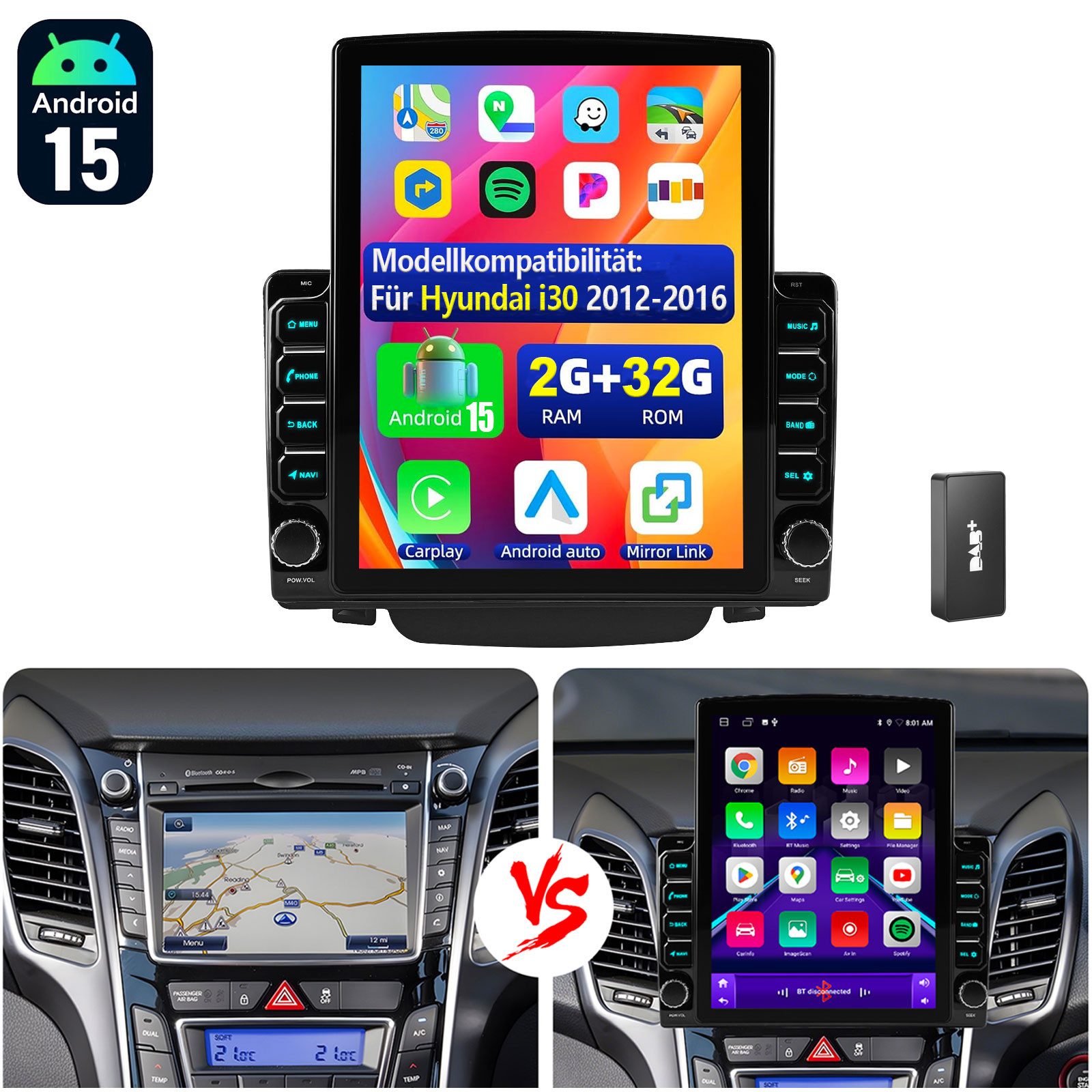 ESSGOO 9.7" DAB+ CarPlay Android 15 Für Hyundai i30 2012-2016 Autoradio WIFI Autoradio (RDS, 4+64GB(optional), Digitalradio (DAB), FM, Carplay Android Auto Bluetooth EQ USB GPS Navi WIFI Touchscreen)