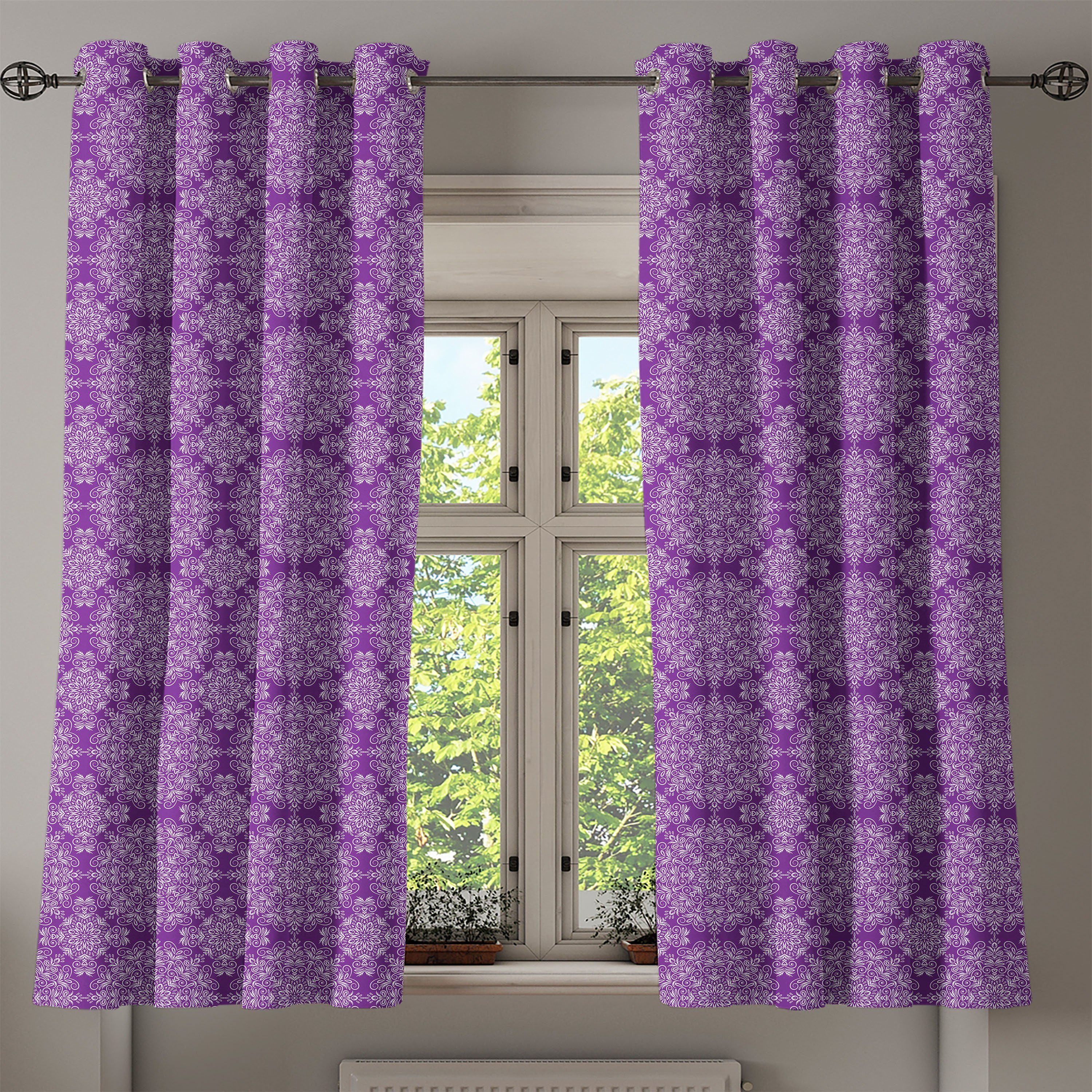 Gardine Abakuhaus, Ast Schlafzimmer lila Dekorative Floral Mandala 2-Panel-Fenstervorhänge für Swirl Wohnzimmer,
