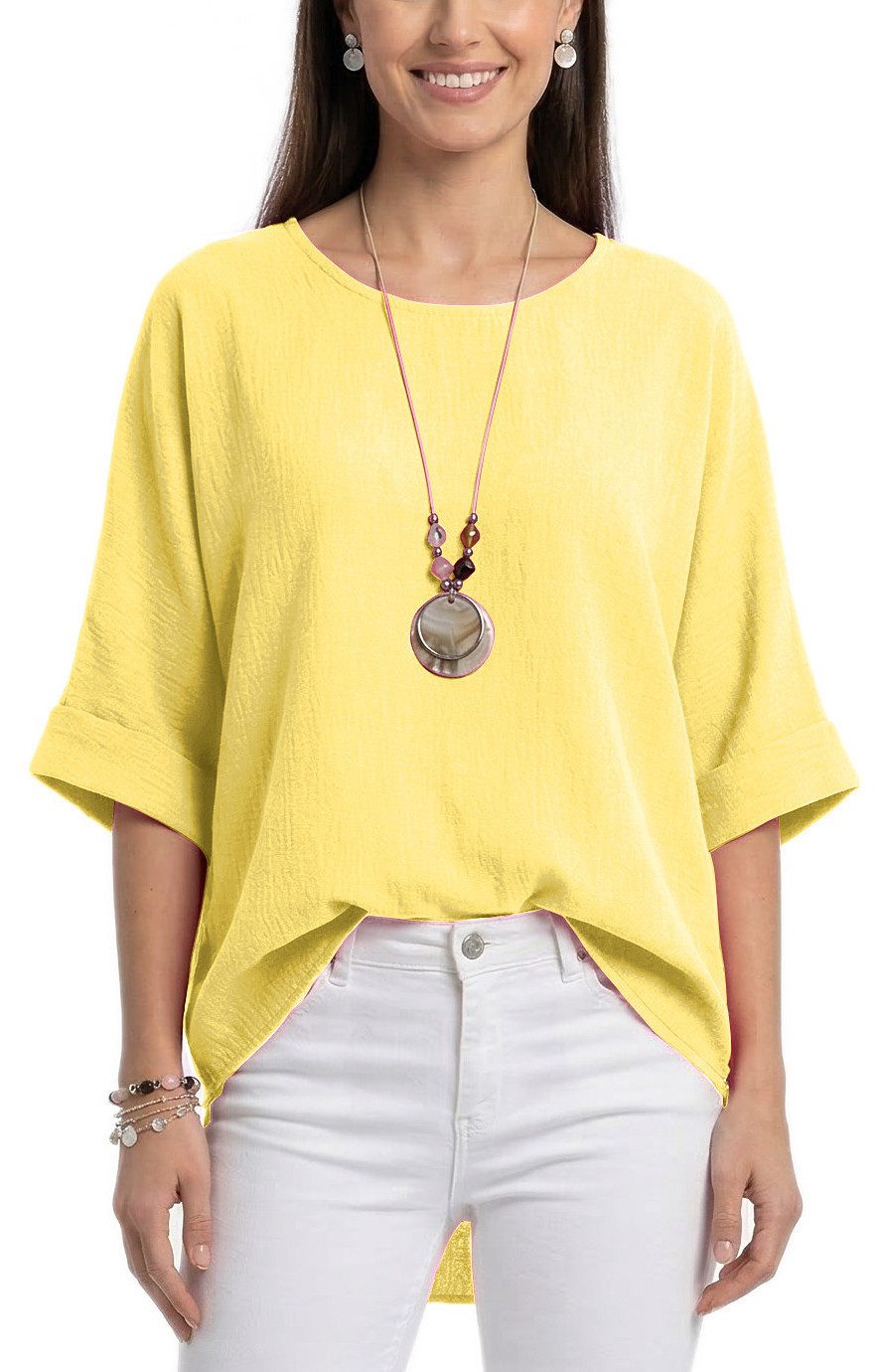 dy_mode Kurzarmbluse Damen Bluse Oversize Tunika Leichte Viskosebluse Halbarm in Unifarbe, High-Low Saum, mit passende Kette