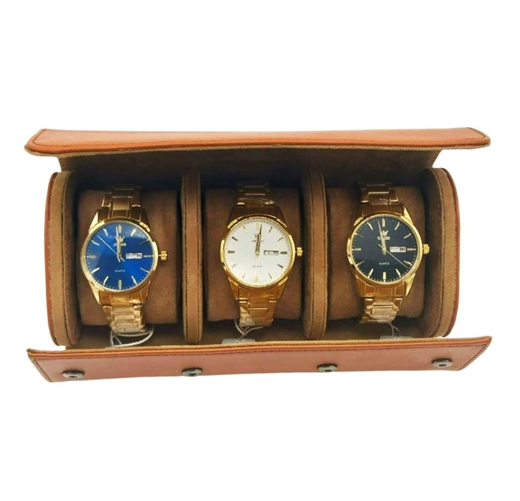 Quarzuhr Geschenkset Uhrenrolle Braun inkl 3x Olevs 6898 Business Uhr 6898