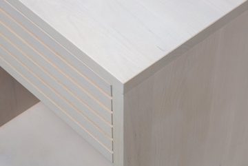 Woodek Design Nachttisch EMMA, kompakter und stilvoller Nachtschrank mit Schublade (Ablagetisch aus weißer Birke, 1-St., Griffloser Bettgestelltisch), Design Nachtkonsole mit Regal