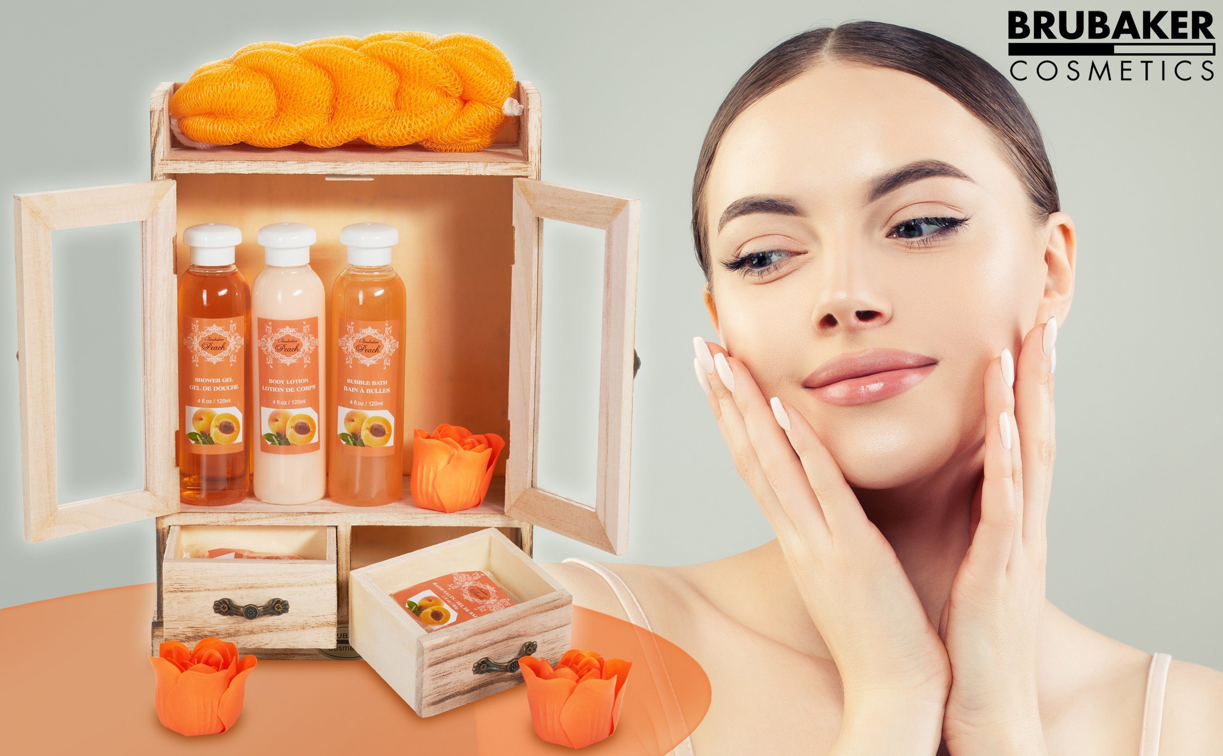 Dusch- und Frauen BRUBAKER Beauty Pflege-Geschenkset Dekoration Damen Geschenkset Badeset Pfirsich 15-tlg., in & 1 Set, Wellness - mit Pflegeset Kokosnuss Erdbeere - 2