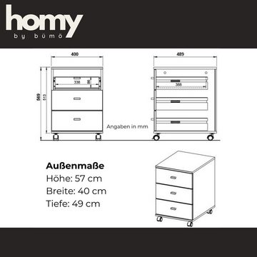 bümö Rollcontainer Homy, Container, Bürocontainer mit 3 Schubladen, Dekor: Weiß-Eiche