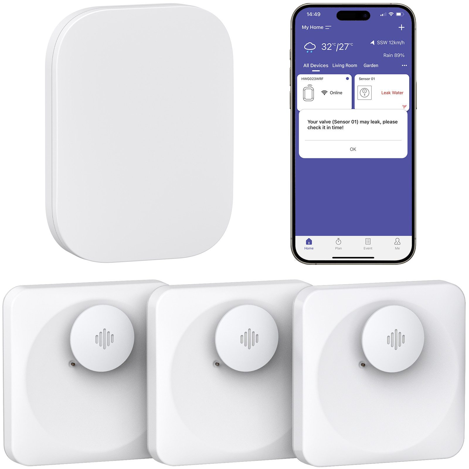 Kityhome Sicherheitsrelais 3er-Set schwimmender WLAN-Wasserleak-Detektor mit Hub & Sirene, (Set)