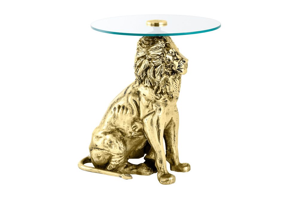riess-ambiente Beistelltisch WILDLIFE LION 60cm gold antik / transparent · Couchtisch aus Metall (Einzelartikel, 1-St), Wohnzimmertisch mit Glas-Tischplatte · rund · handmade · Löwen-Statue