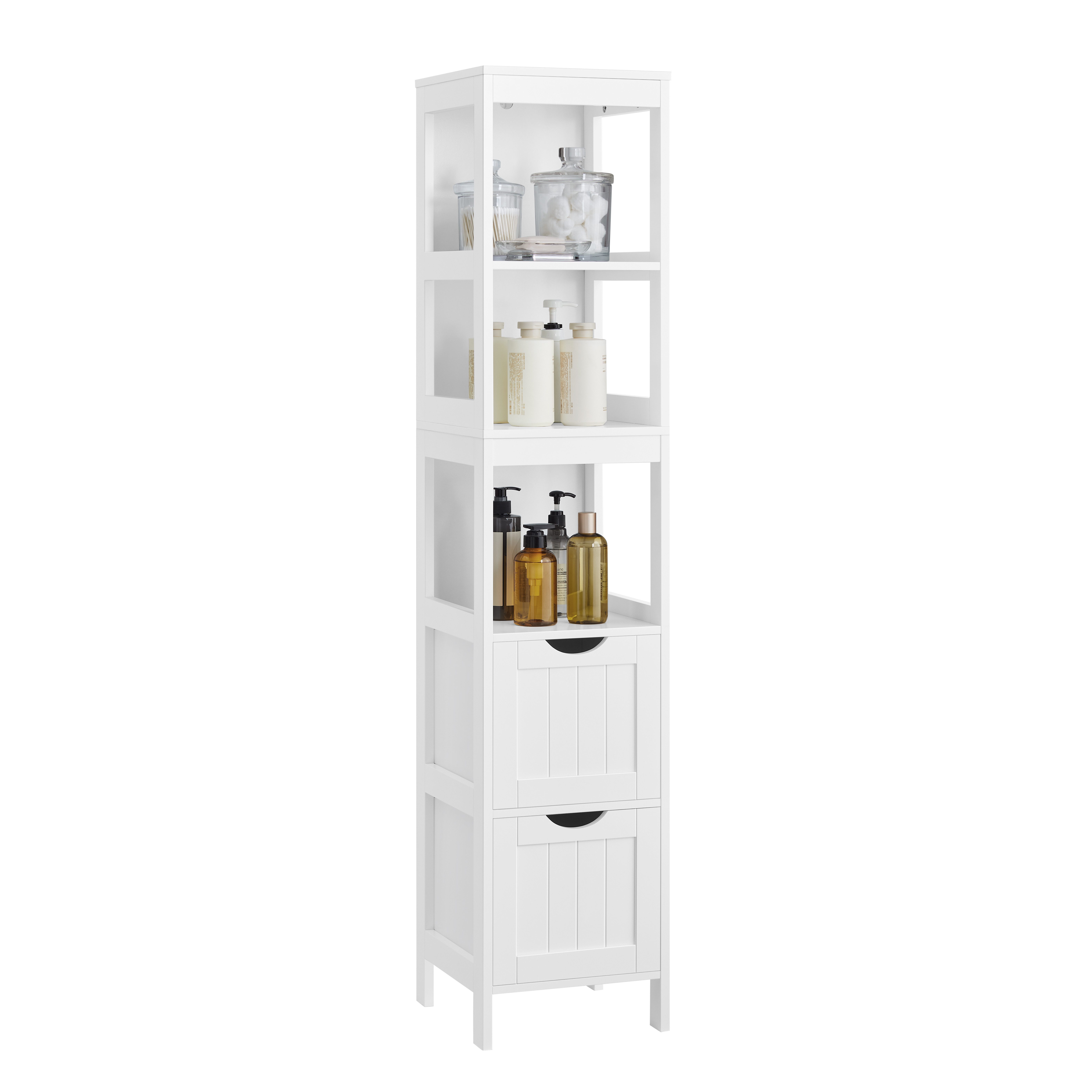 VASAGLE Badkommode Badezimmerschrank Hochschrank Schrank freistehend, schmale Säule, mit 2 Schubladen und 3 offenen Fächern