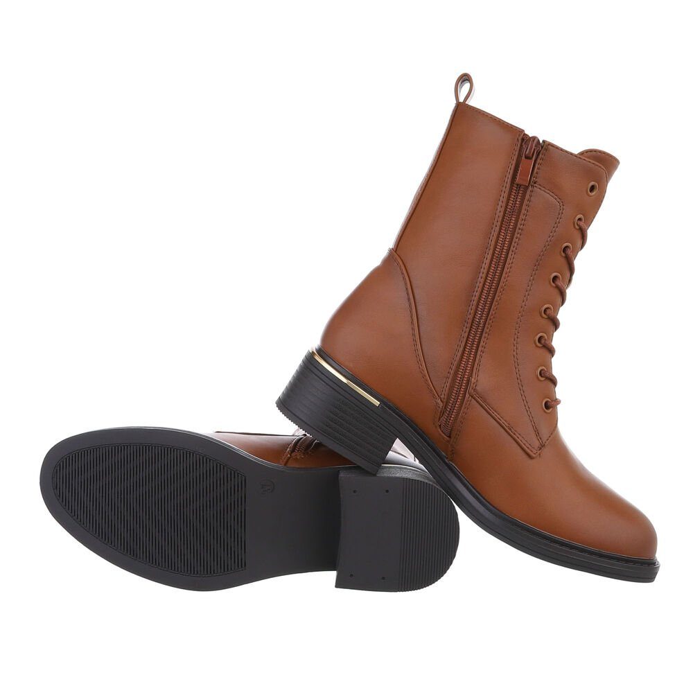 Ital-Design Damen Schnürschuhe Freizeit Schnürstiefelette (84338345) Blockabsatz Schnürstiefeletten in Camel