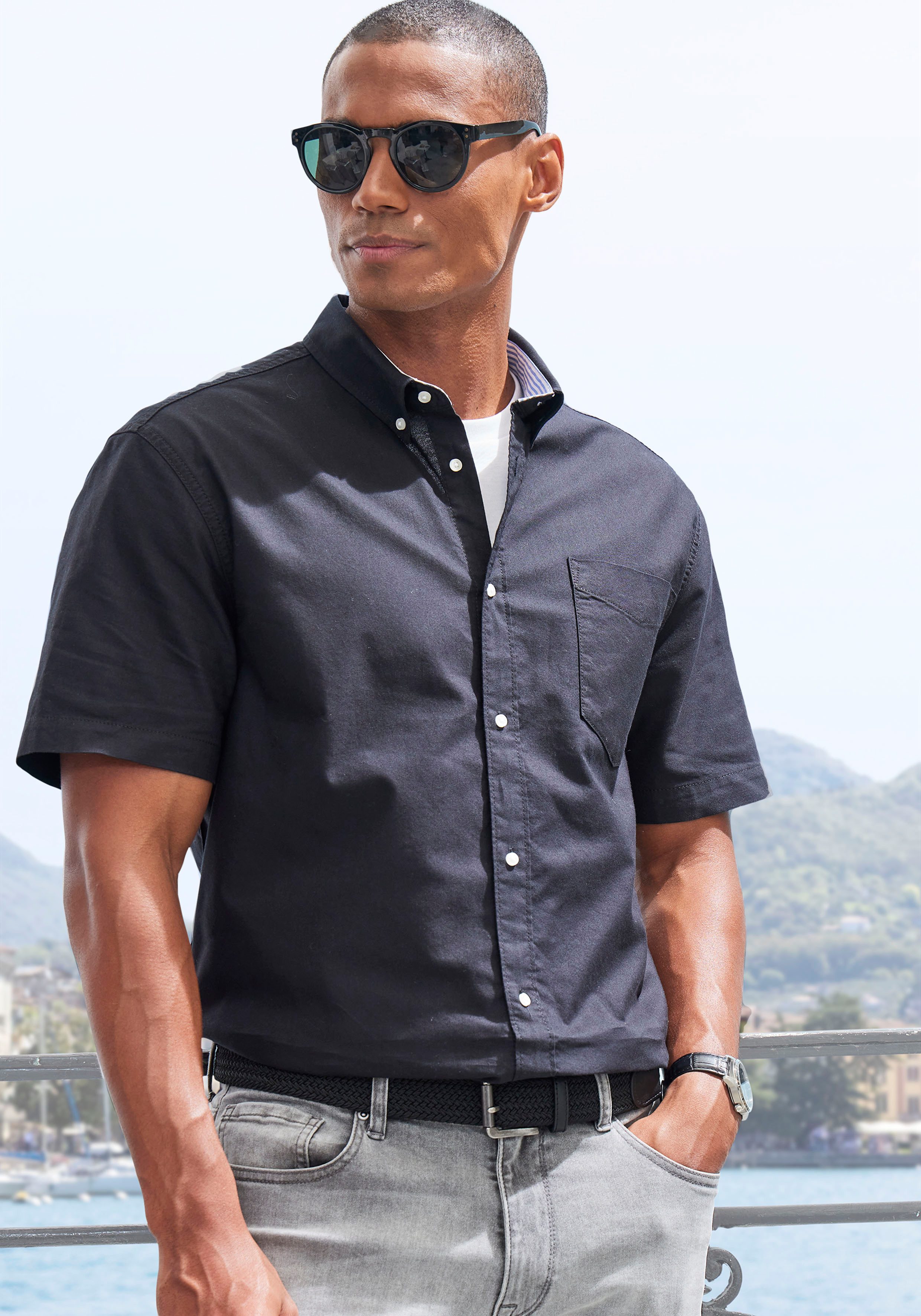 H.I.S Kurzarmhemd regular-fit mit Button-down-Kragen, reine Baumwolle