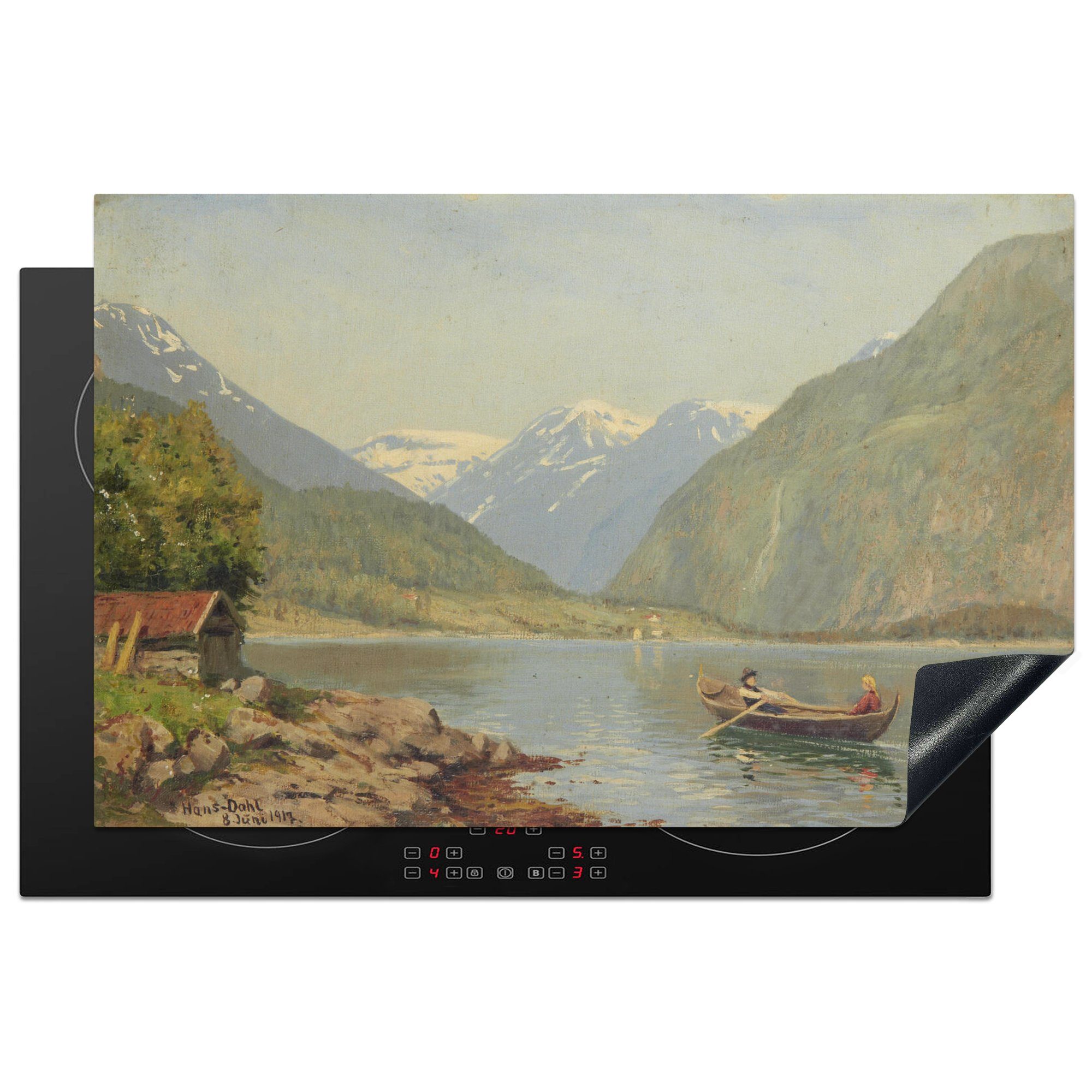 MuchoWow Herdblende-/Abdeckplatte Figuren in einem Ruderboot auf einem Fjord - Gemälde von Hans Dahl, Vinyl, (1 tlg), 81x52 cm, Induktionskochfeld Schutz für die küche, Ceranfeldabdeckung