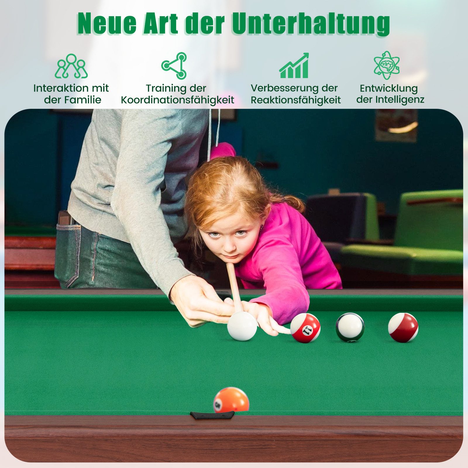 COSTWAY Billardtisch, Holz mit Kugelsatz, 2 Queues