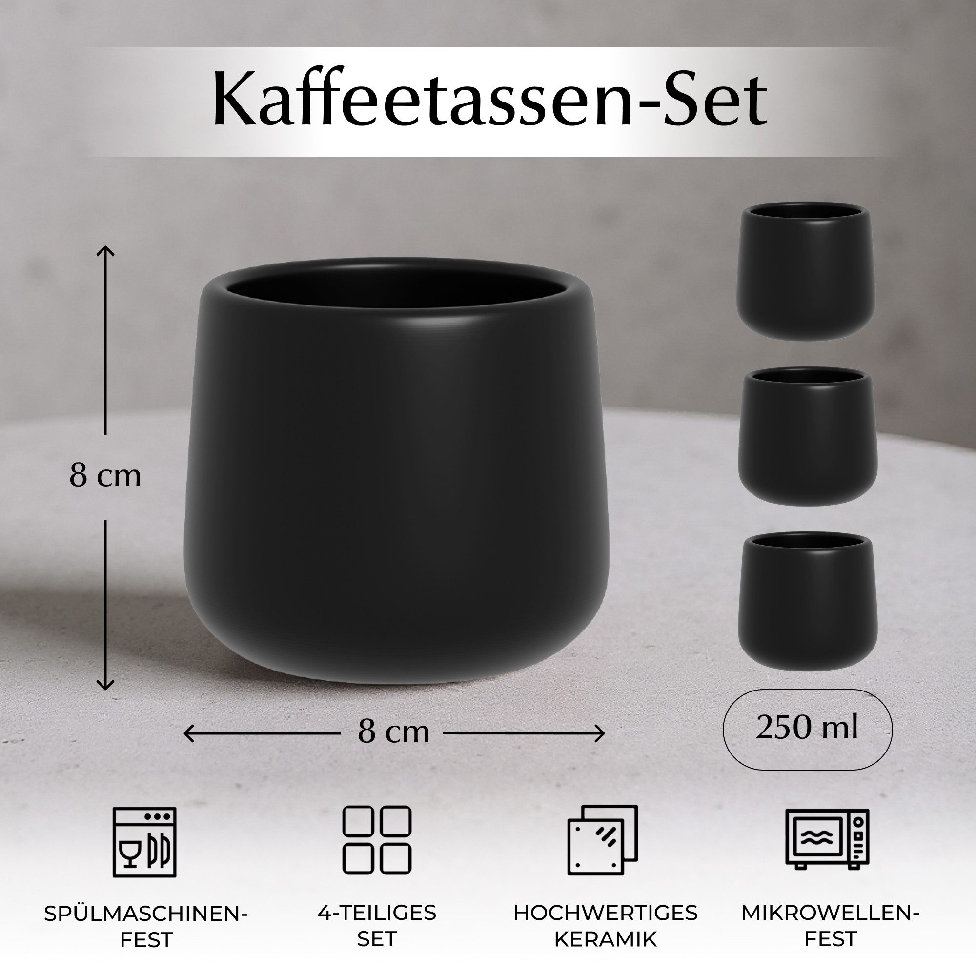 MiaMio Tasse Nami Kaffeebecher Schwarz, 4-tlg., Keramik, ohne Henkel, 250 ml – Bild 3 von 5
