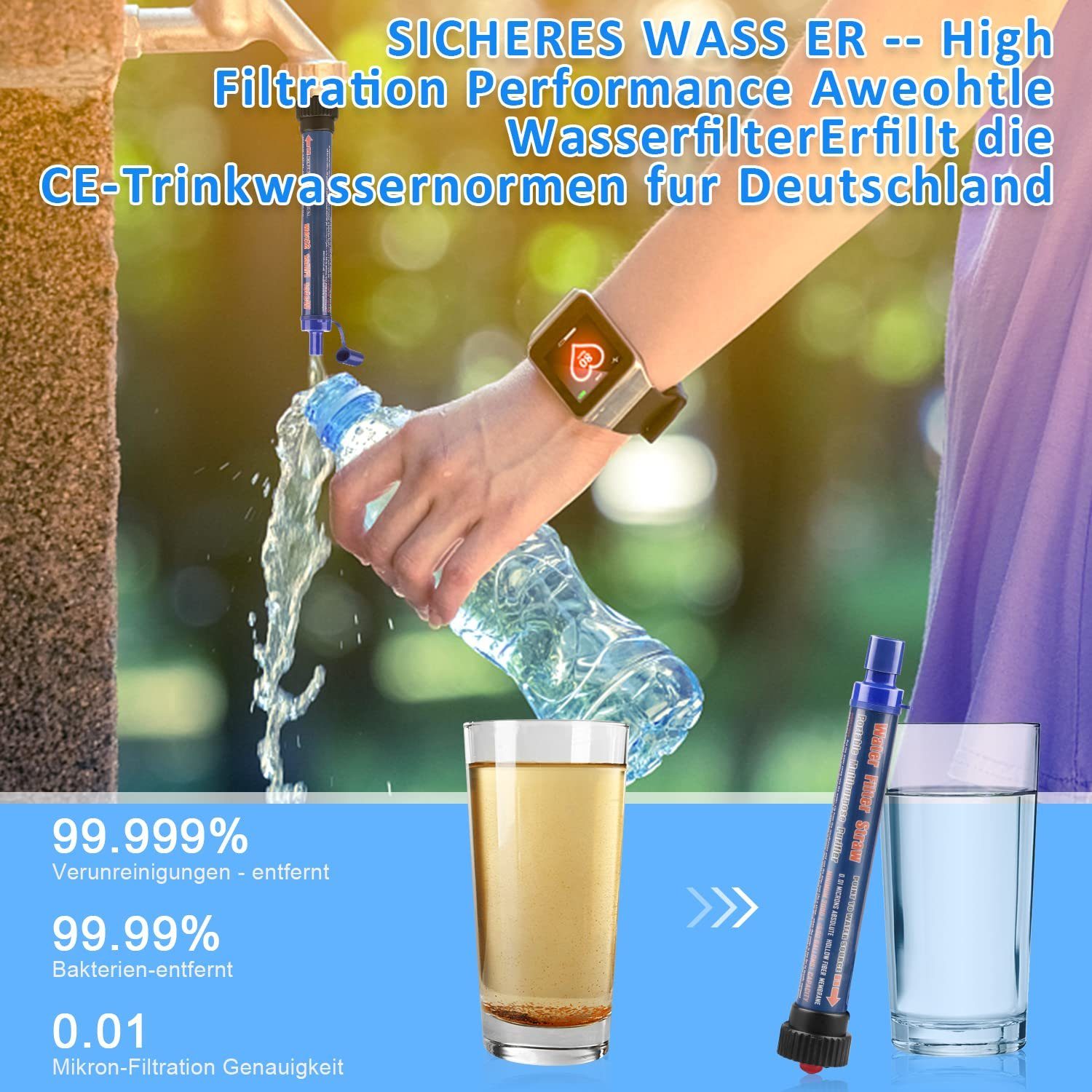 Blau Wasseraufbereiter,Survivalausrüstung, Wasserfilter Bakterien aller und Wasserfilter Camping XDeer abtötet,geeignet für Outdoor,2000L Wandern Keime 99,99%