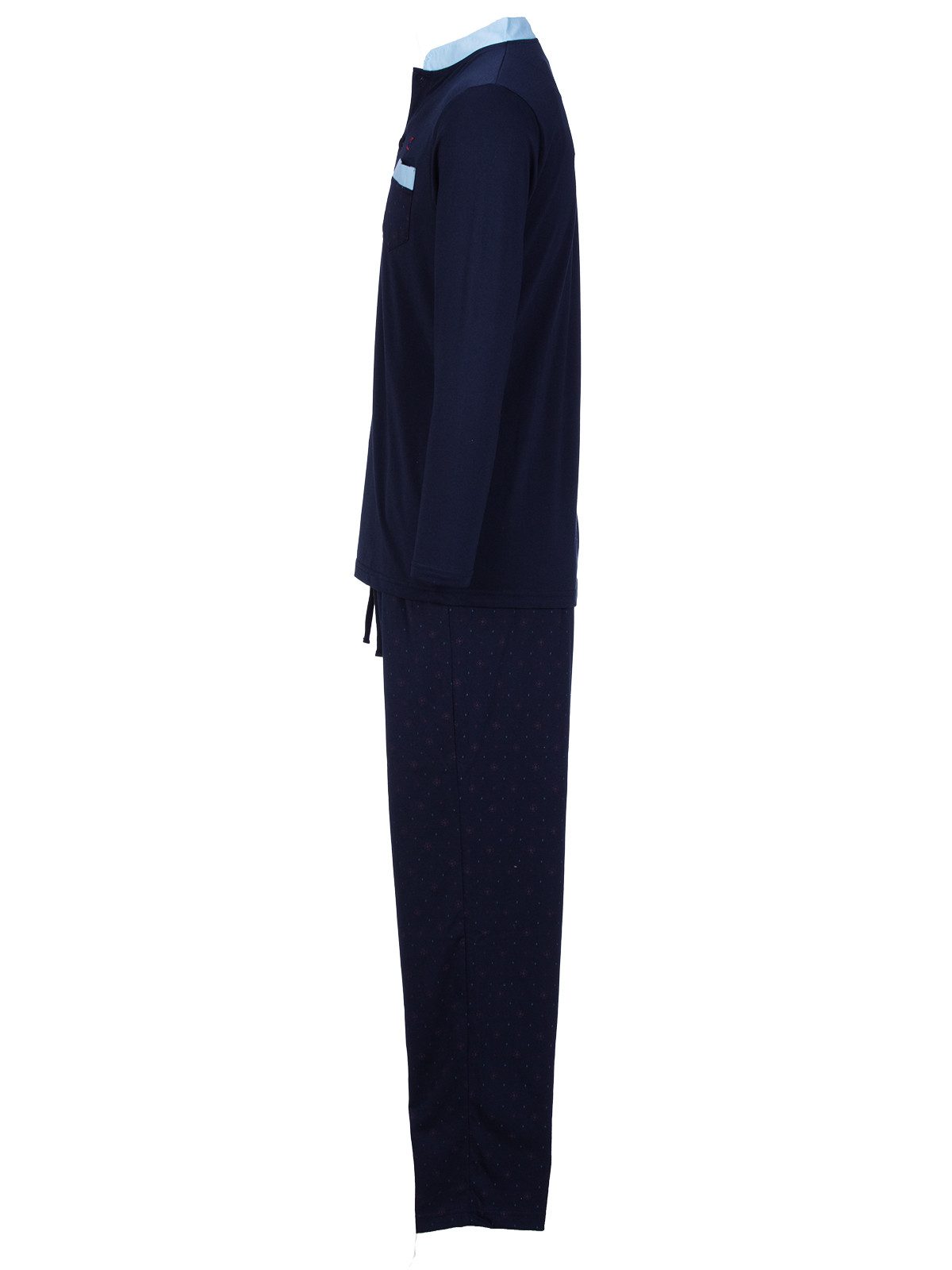 Henry Terre Pyjama Bruno Langarm- Stehkragen Shirt Uni gemusterte Hose Brusttasche – Bild 3 von 5
