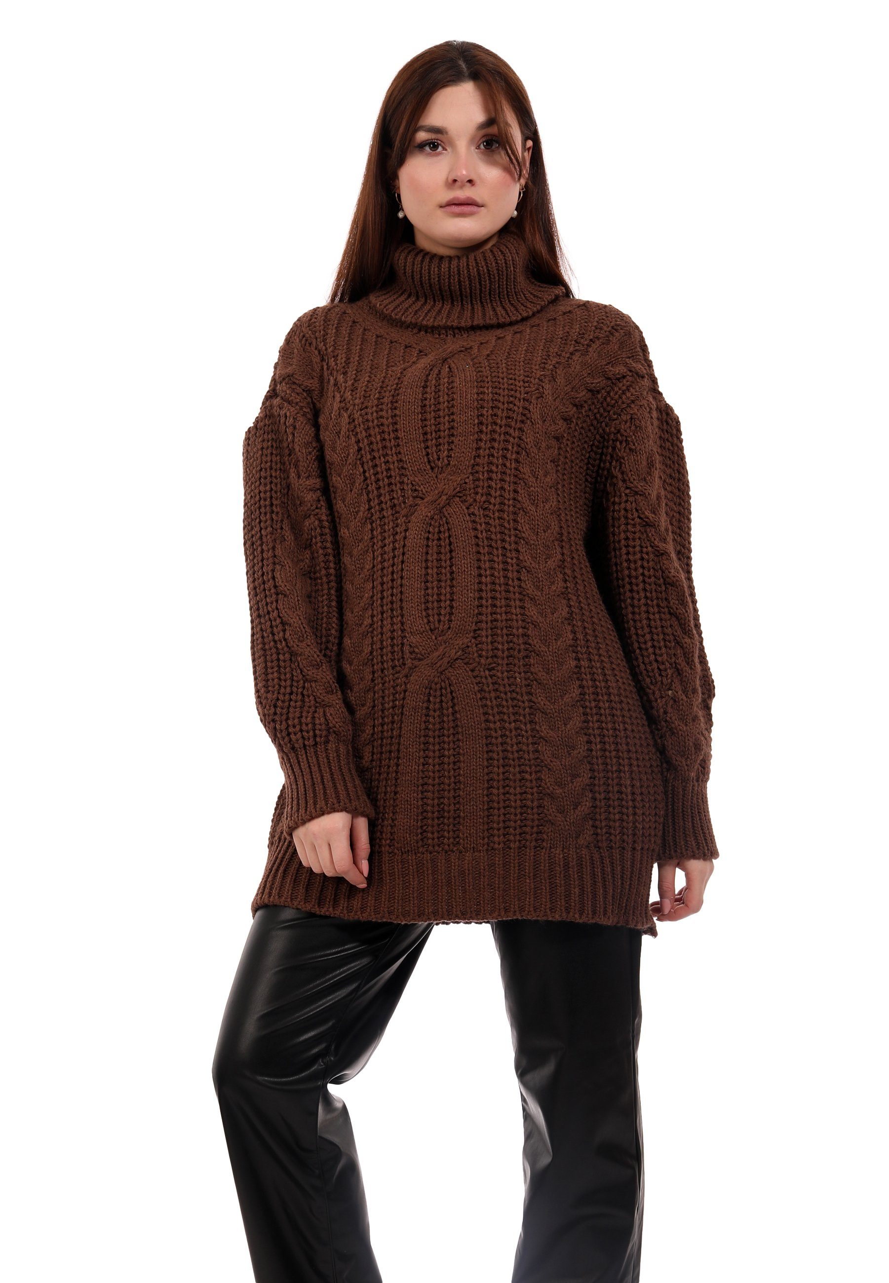 YC Fashion Zopfstrick mit und & Rollkragenpullover Style Grobstrick casual One (1-tlg) Pullover camel Size Rollkragen
