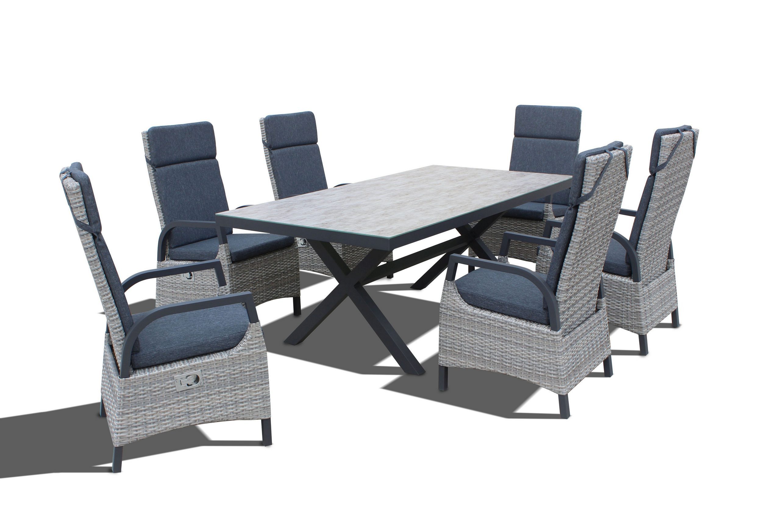 Gardissimo Garten-Essgruppe "Rio", 6 verstellbare Sessel, Auflagen, XXL Tisch mit Keramikplatte, (Spar-Set, 7-tlg., 6 Sessel + 6 Auflagen + 1 Tisch), Keramikplatte