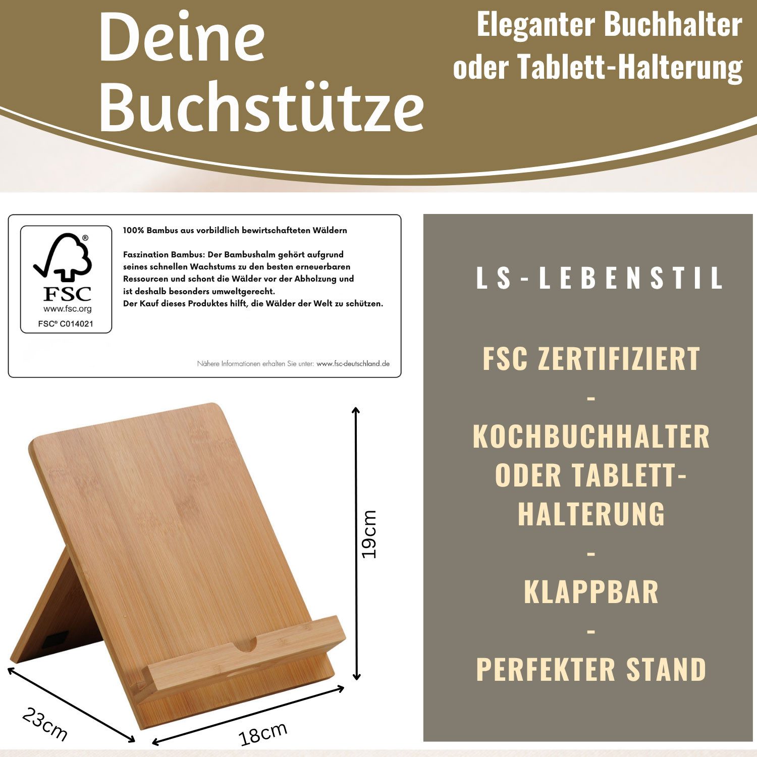 LS-LebenStil Buchstütze Holz Kochbuchhalter Bambus 23x18cm Braun Kochbuchständer (Kochbuchständer Buchhalter Ständer für Kochbücher Leseständer faltbar, 1 St., Tablett Halter Halterung passend für ipad und Tablett´s), ideal auch als Notenständer