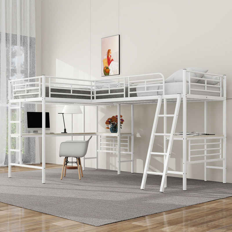 Flieks Hochbett Kinderbett Metallbett 90x200cm mit 2 Liegefläche und Schreibtisch