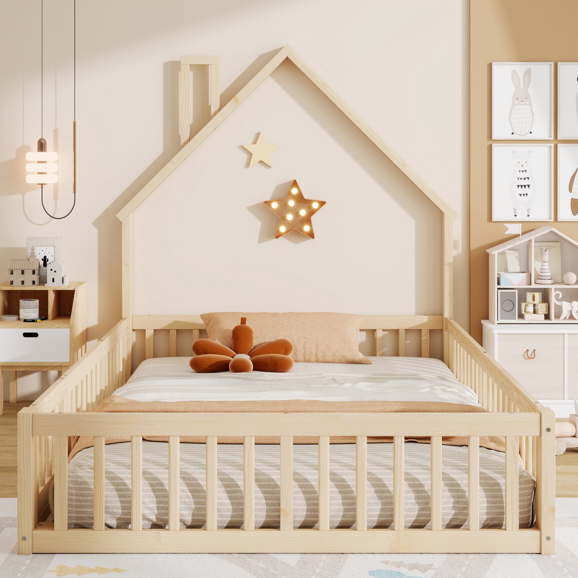 REDOM Kinderbett Lattenrost, Schornsteinform und Kiefernholz (Hausbett Holz günstig online kaufen