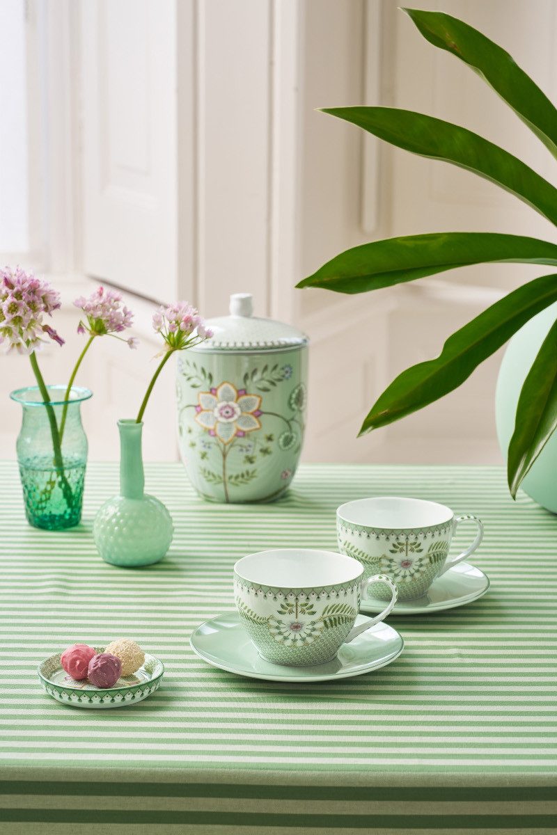 PiP Studio Tasse Lily&Lotus Light Green Tasse mit Untertasse 280ml Set2, Porzellan