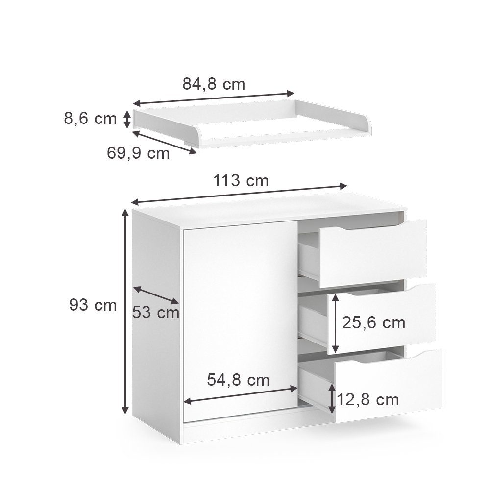 Vicco Wickelkommode Ruben, Weiß, 113 x 93 cm mit Wickelaufsatz