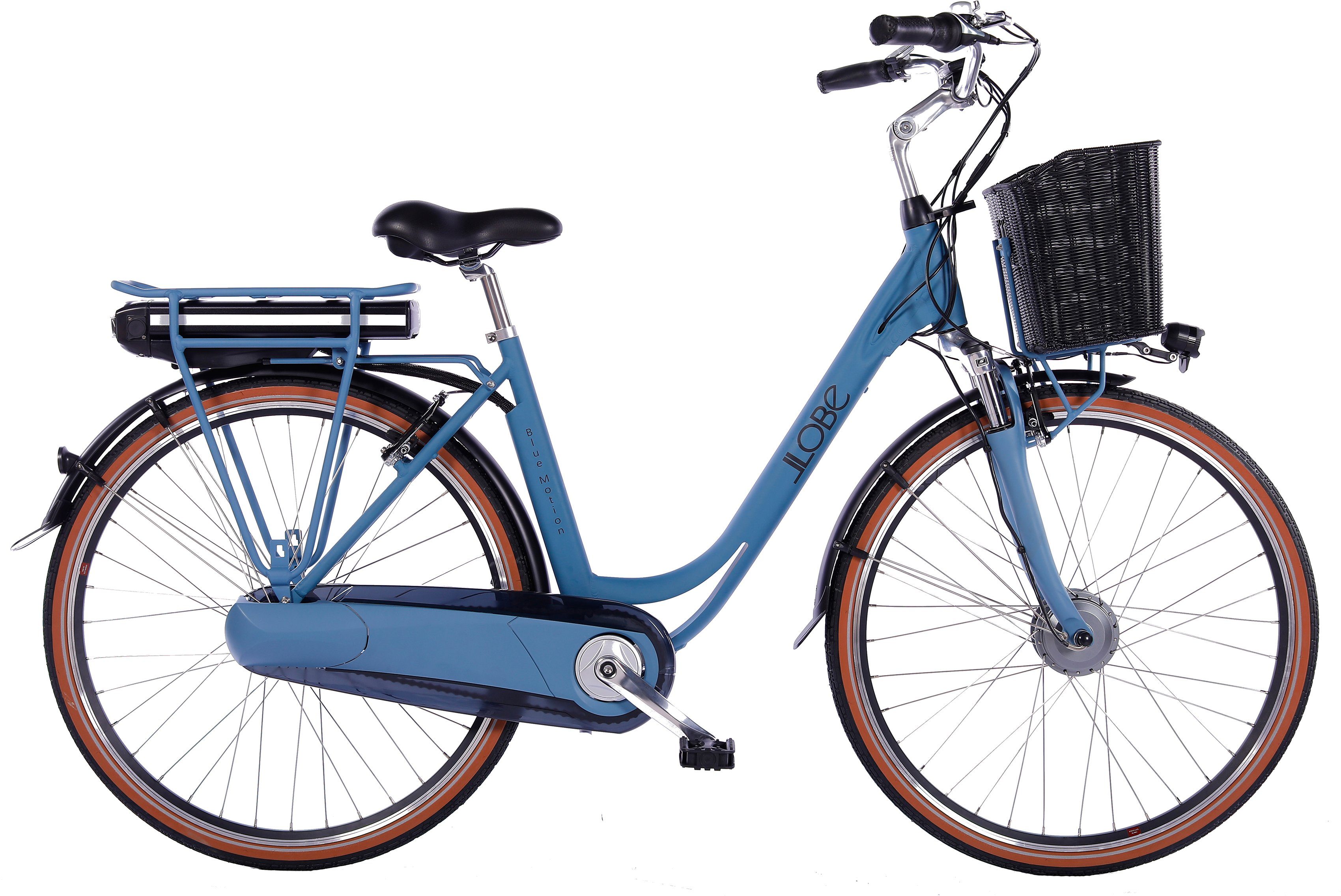 LLobe E-Bike Blue Motion 2.0, 15,6Ah, 7 Gang Shimano, Nabenschaltung,  Frontmotor, 561,6 Wh Akku, (mit Fahrradkorb)