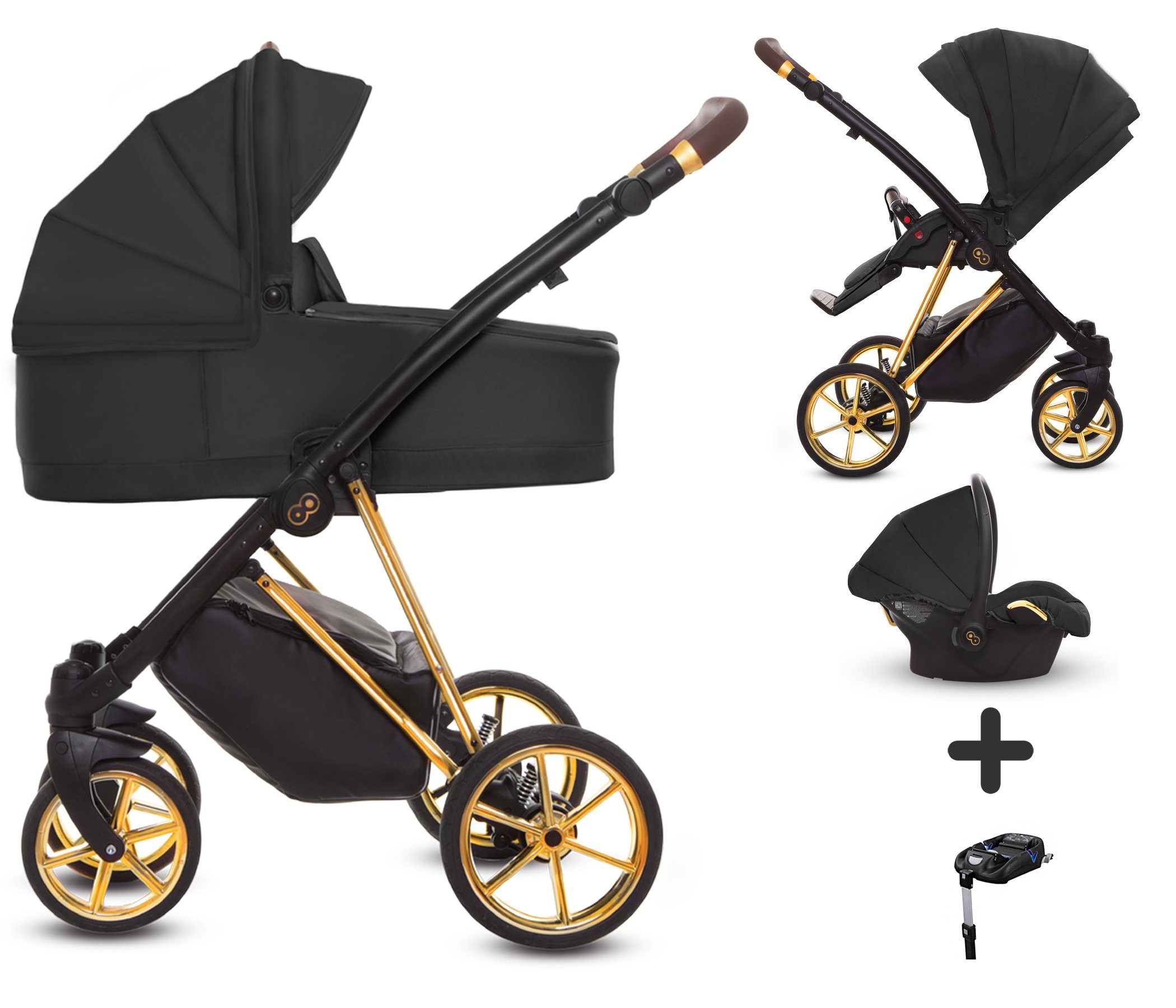 TPFLiving Kombi-Kinderwagen 4 in 1 Musse Ultra, Baby Buggy Babywanne Autositz Isofix, großes Zubehör-Set Kinderwagen 4 in 1 Stoff Schwarz, Gestell Gold Schwarz | Gestell Gold