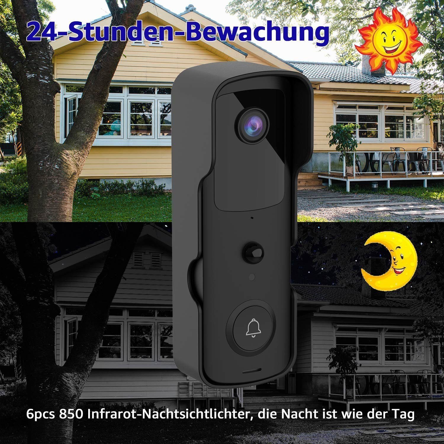 MULISOFT Türklingel »2.4GHz Türklingel-Set WLAN Video Doorbell mit HD  Kamera« (mit Akku, PIR Personenerkennung), Nachtsicht, 2-Wege-Audio,  Unterstützt SD & Cloud-Speicher
