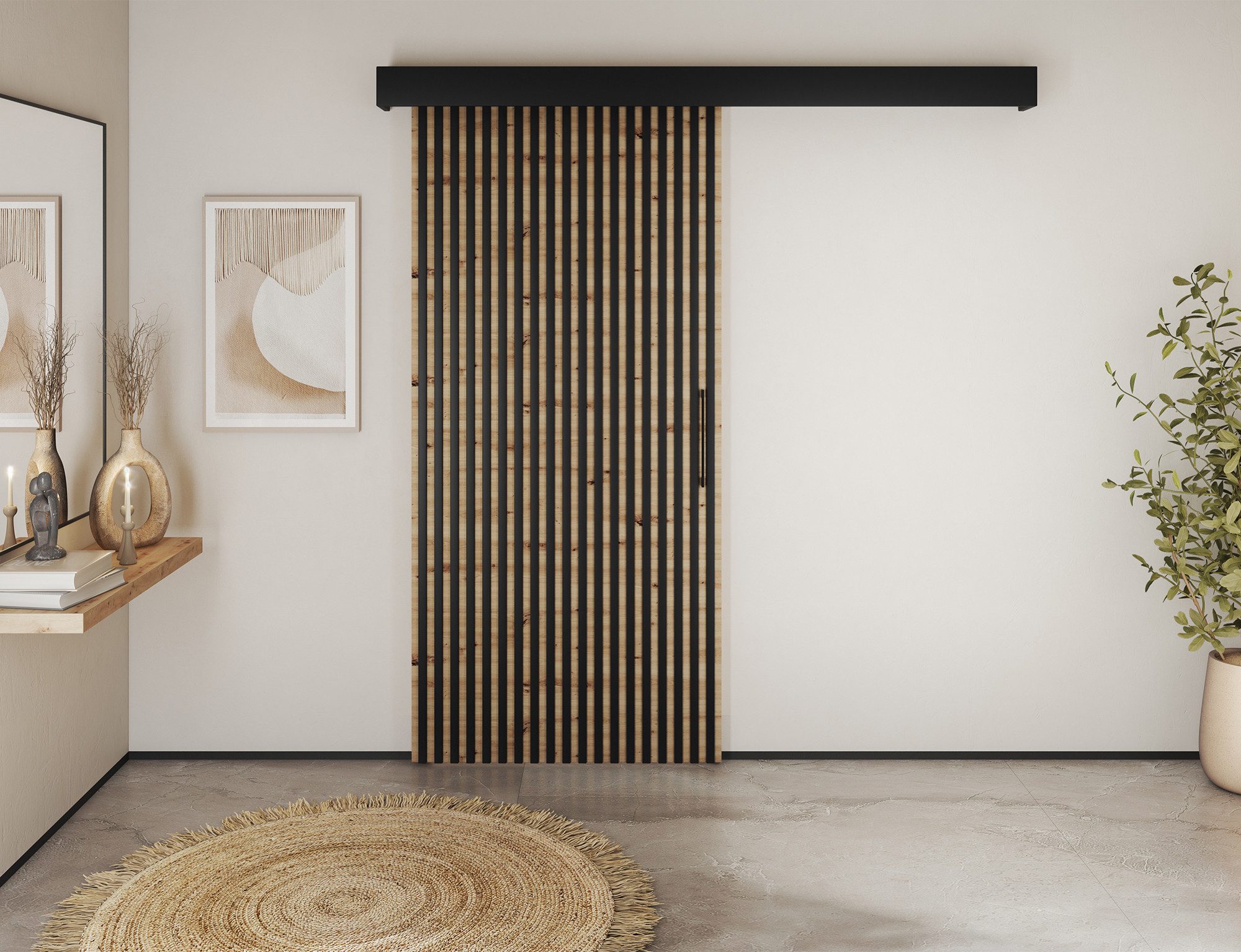 MOEBLO Schiebetür Celosia (mit/ohne Soft-Close-System Stilvoller Lamellen-Front mit feiner Struktur – bringt natürliche Tiefe und moderne Eleganz in Ihr Zuhause, Schwebetürenschrank 2-türig Schrank Garderobe Schiebtüren Schlafzimmer, Celosia), (BxHxT): 96×205×1,6 cm - Soft-Close optional