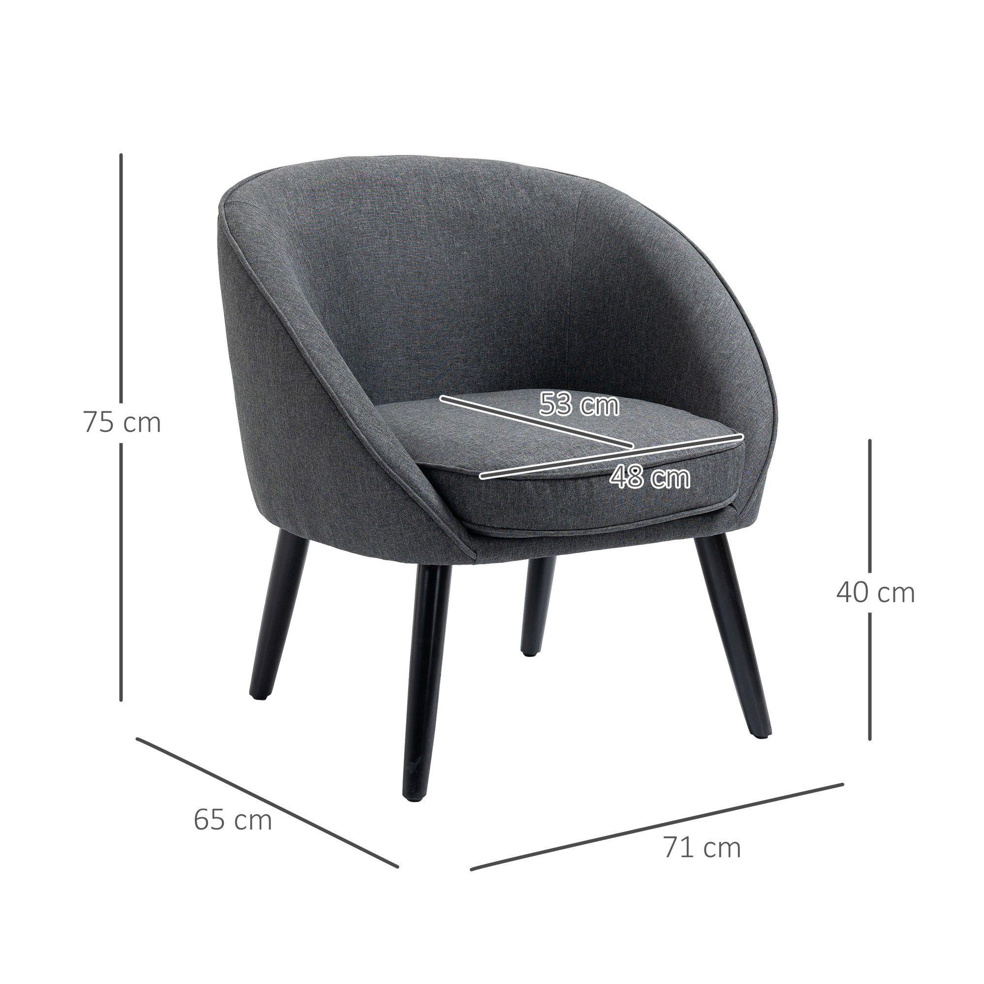 HOMCOM Relaxsessel Sessel mit Leinen-Optik Holzbeine Polstersessel für Schlafzimmer (Bürostuhl, 1-St., Loungesessel), Grau 71 x 65 x 75 cm