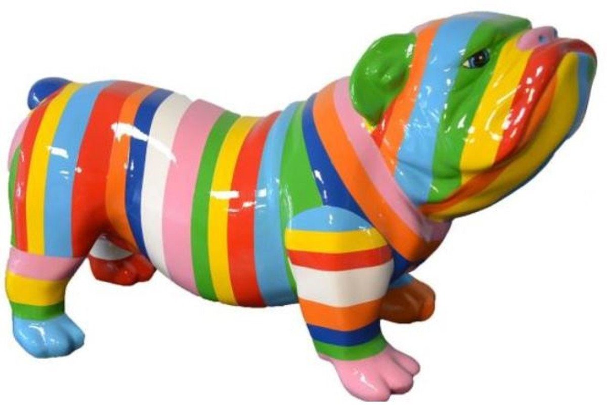 Casa Padrino Skulptur Designer Dekofigur Hund Bulldogge Mehrfarbig Gestreift 55 x H. 32 cm - Wetterbeständige Deko Skulptur - Wohnzimmer Deko - Garten Deko - Designer Deko
