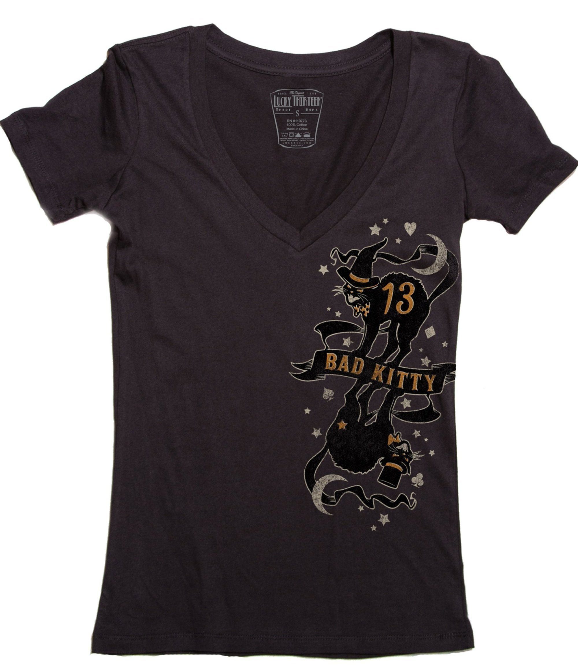 Lucky 13 T-Shirt Lucky 13 Damen T-Shirt Bad Kitty V-Neck Adult