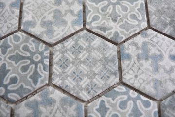 Mosani Mosaikfliesen Hexagonale Sechseck Mosaik Fliese Keramik blau grau weiß