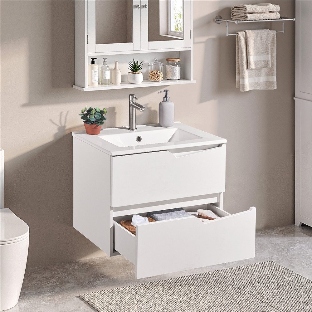 Yaheetech Waschtisch Wandschrank mit Waschbecken & 2 Schubladen, Waschbecken mit Unterschrank Badezimmerschrank, platzsparendes Design