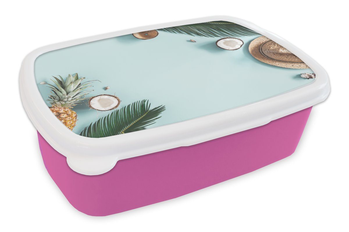 MuchoWow Lunchbox Sommer - Obst - Blau, Kunststoff, (2-tlg), Brotbox für Erwachsene, Brotdose Kinder, Snackbox, Mädchen, Kunststoff rosa