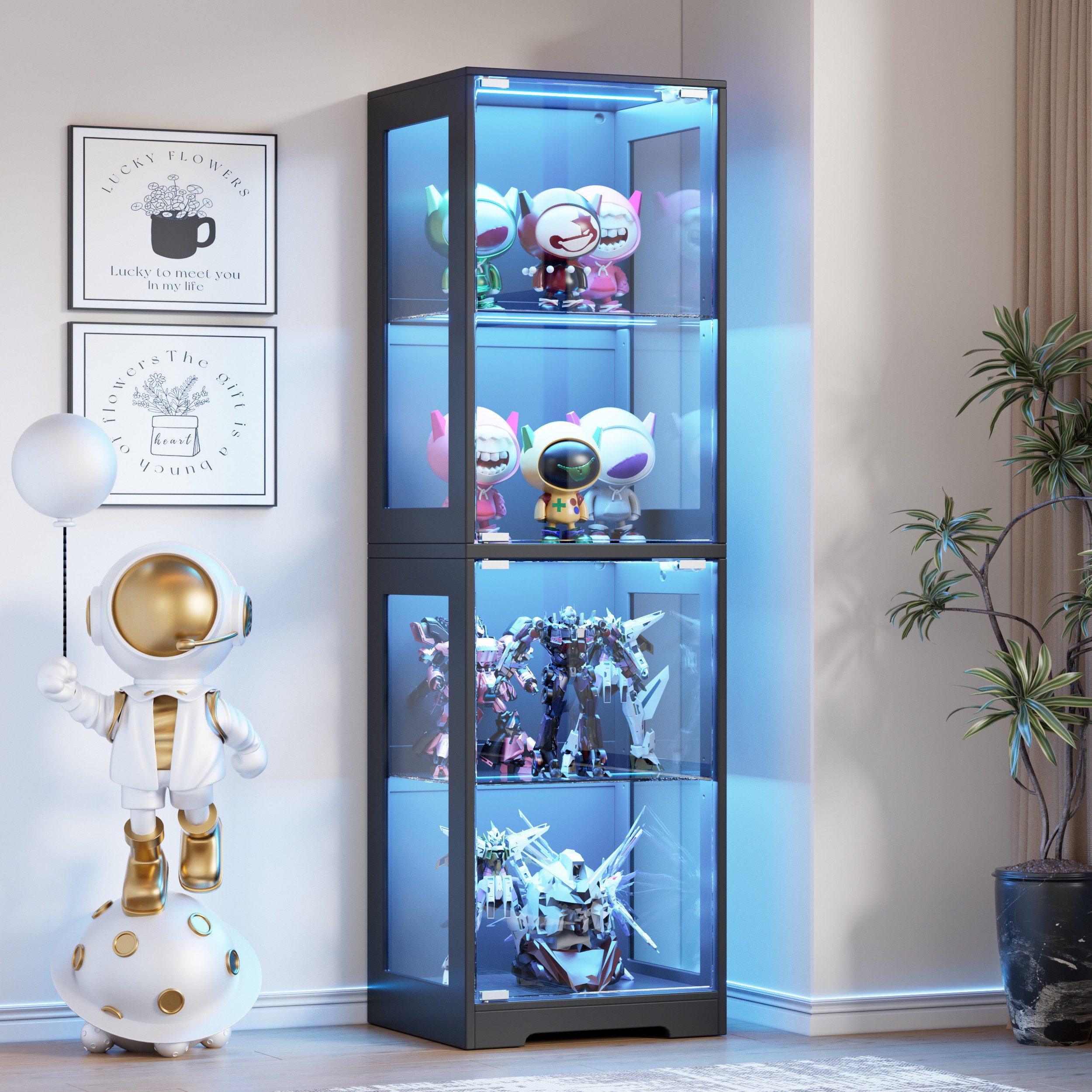 TWSOUL Glasvitrine Ausstellungsschrank mit Glastür&höhenverstellbaren Regalen, Kippschutz 160cm, Helligkeitsregelung, für Wohnzimmer, Büro, Bücher, Schwarz