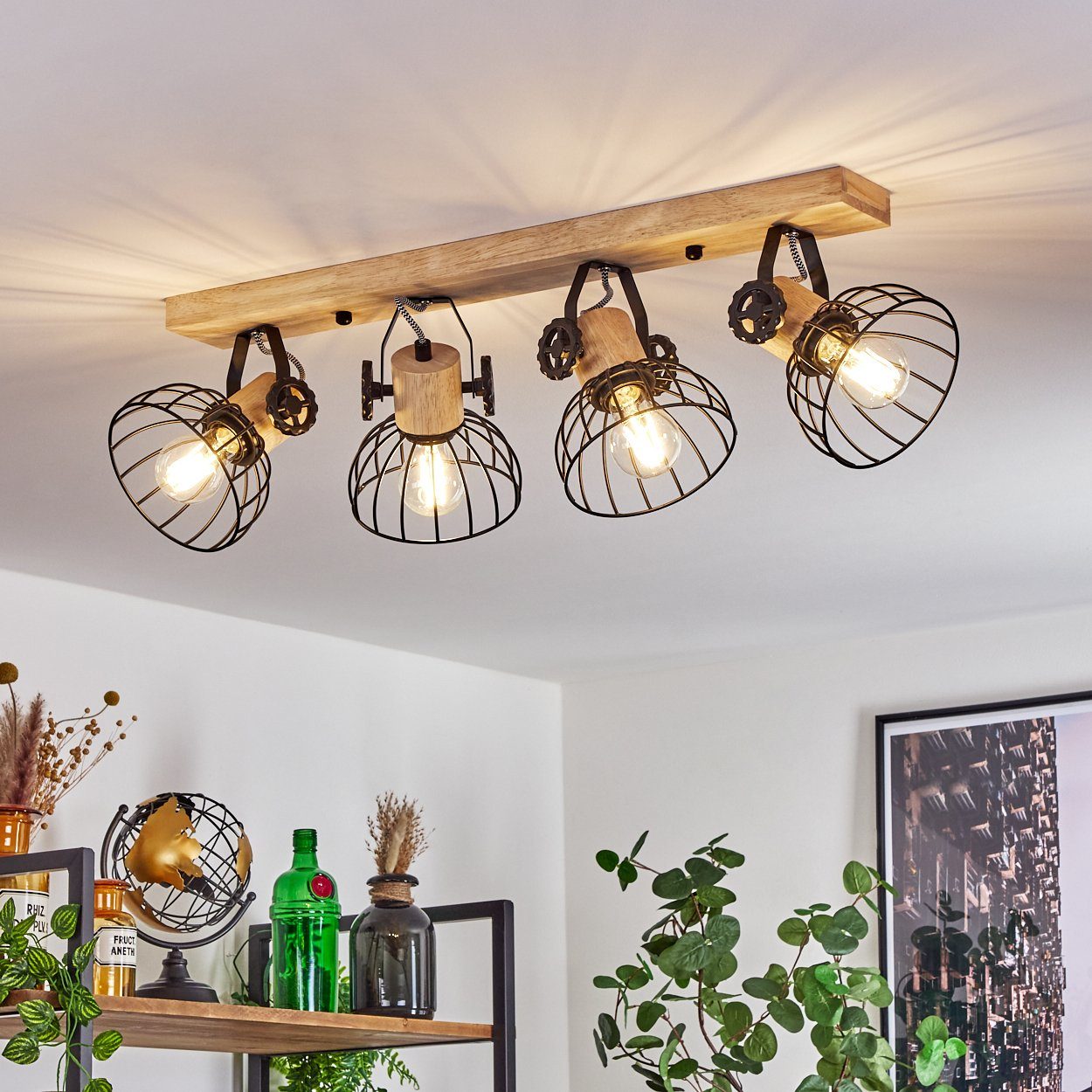hofstein Deckenleuchte »Cotes« Deckenlampe, Holz/Metall, Natur/Schwarz Schirme, Gitter-Optik, ohne Leuchtmittel, Leuchte m. Holzbalken, Textilkabeln u. verstellbaren Strahlern, 4xE27