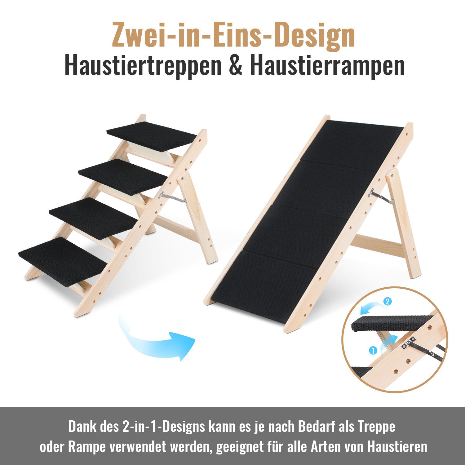 Clanmacy Hunderampe Hundetreppe 2 in 1 Hunderampe Faltbar aus Holz Einstiegshilfe Bis 80kg (1-St), Holzklappbare, Anti Rutsch