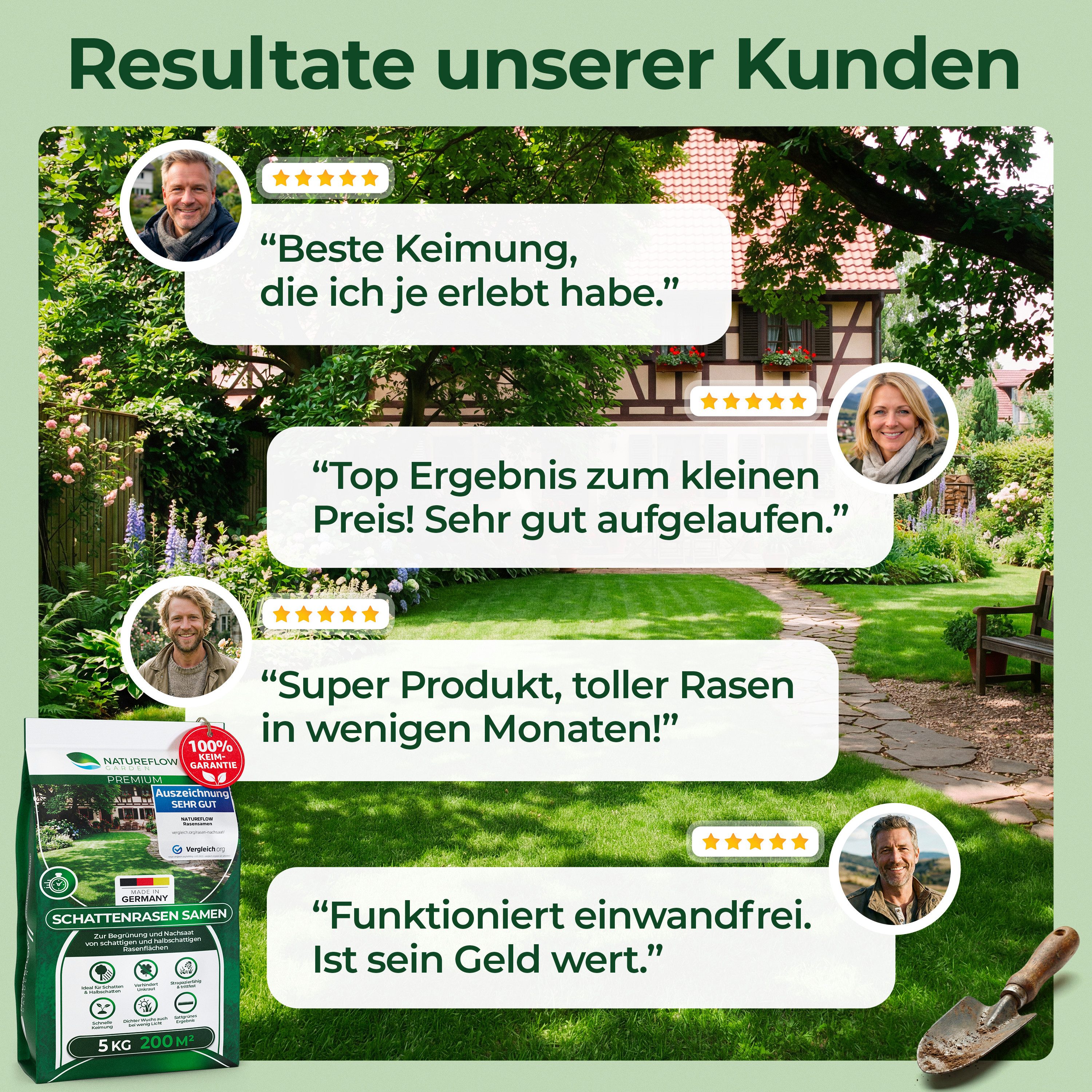 Natureflow Rasensamen für schattige Flächen, schnellkeimend, TEST SEHR GUT, 100% Keimgaranti, 5 kg – Bild 4 von 5