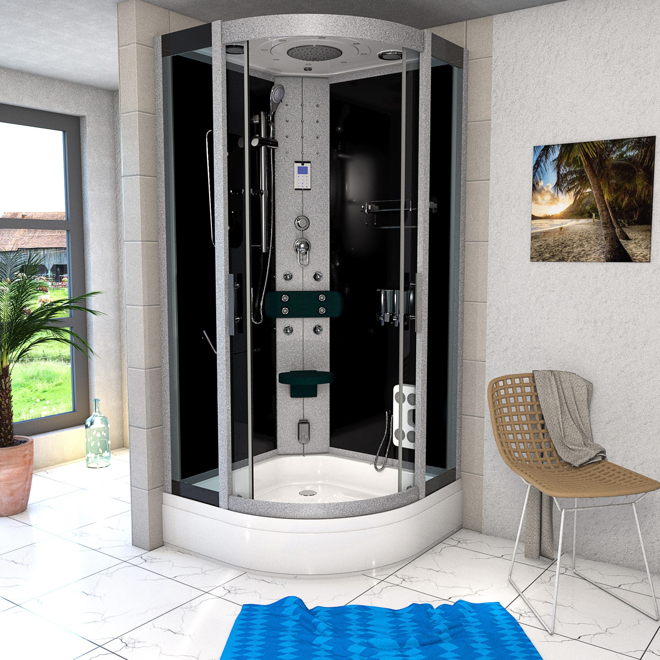 AcquaVapore Komplettdusche Duschkabine Dusche D46-63T0 Schwarz 100x100, Sicherheitsglas ESG, inklusive Duschwanne, Höhenverstellbar, Mit Bauanleitung, Mit Beleuchtung, Mit Spiegel, Gehä