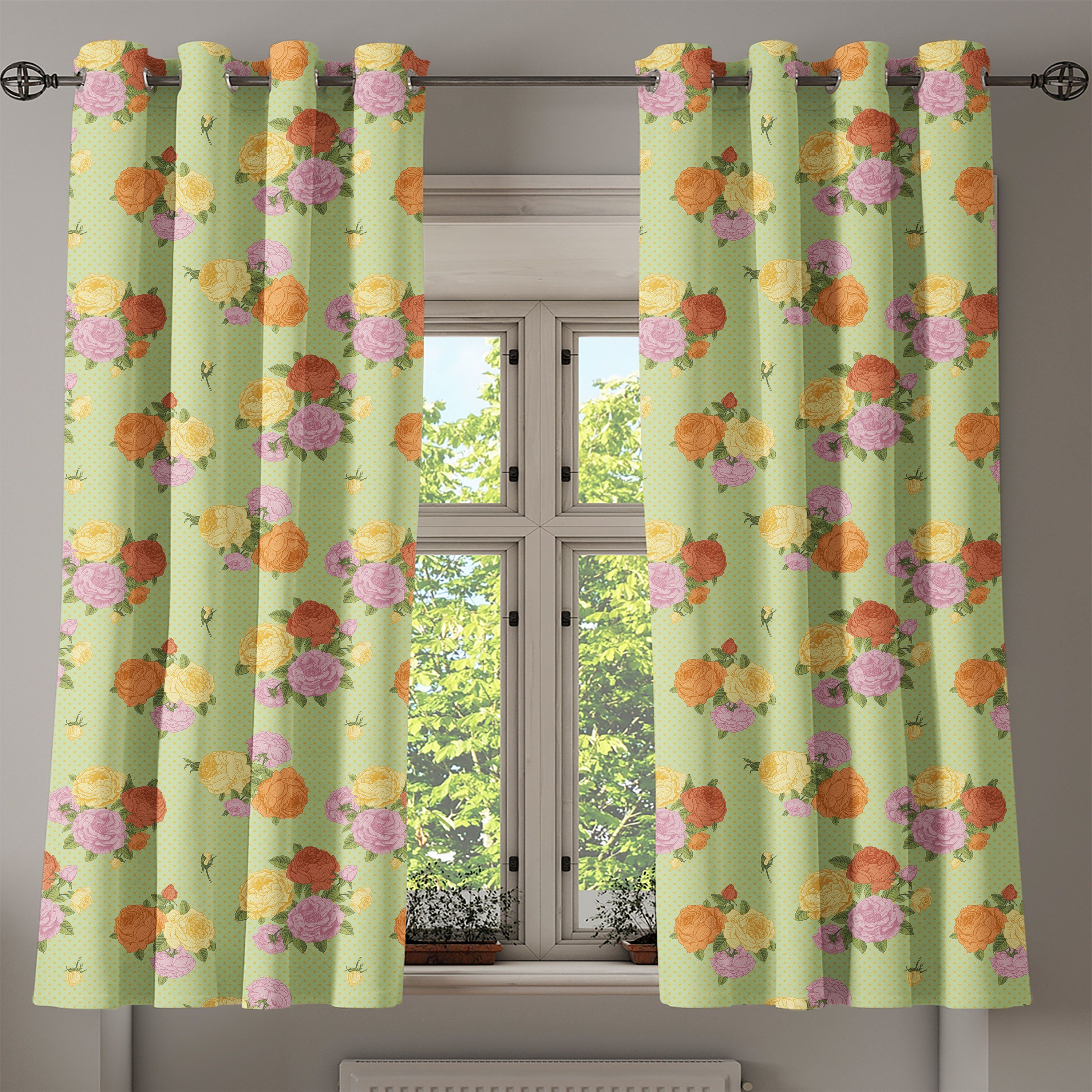 Gardine Dekorative 2-Panel-Fenstervorhänge Abakuhaus, Vintage Chic Blumen-Rose für Schlafzimmer Shabby Wohnzimmer