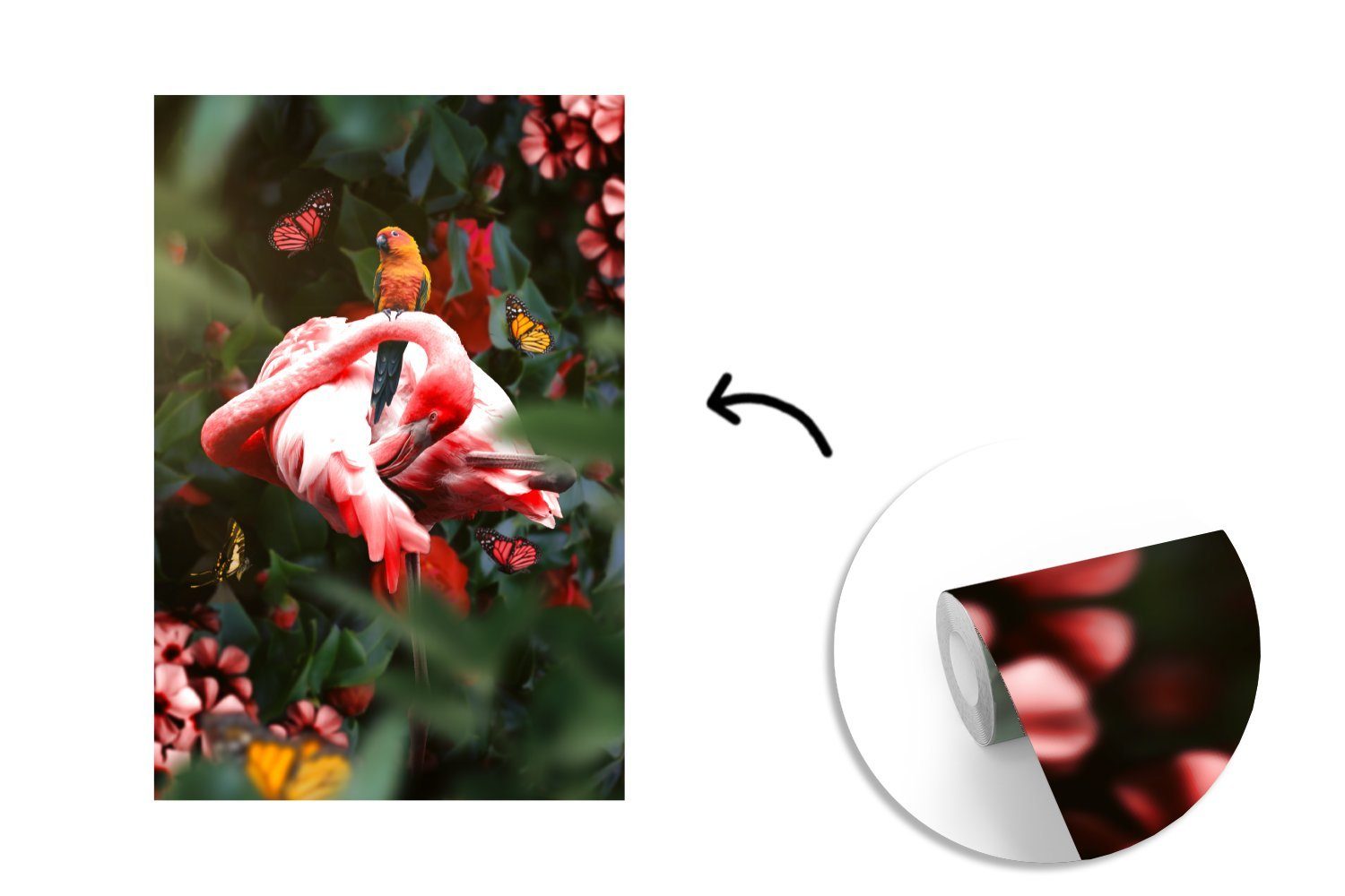 Fototapete bedruckt, Pflanzen, Dschungel - Wohnzimmer, Montagefertig für (3 Vogel St), Tapete Vinyl - Matt, Wandtapete MuchoWow - Flamingo