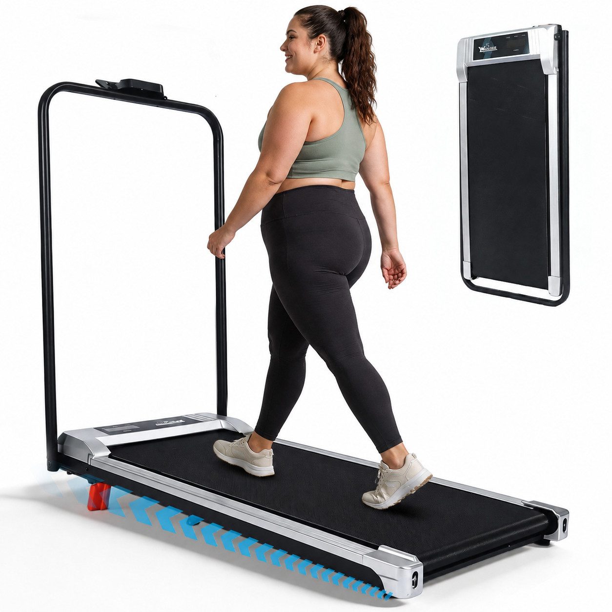 Ledklang Laufband Klappbares 4-in-1 Zuhause Büro Steigungsfunktion leise bis 10 km/h (Mit Armlehnen), LED-Display-Walking Pad, 0,6 PS (447 W), klappbar