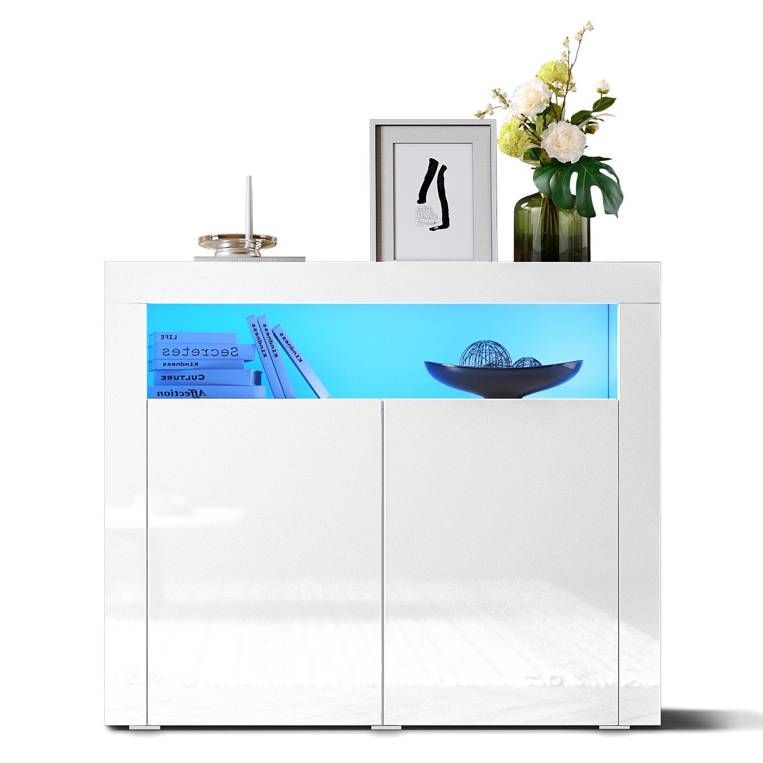 SONNI Kommode Sideboard Weiß Hochglanz mit LED Beleuchtung, Wohnzimmer