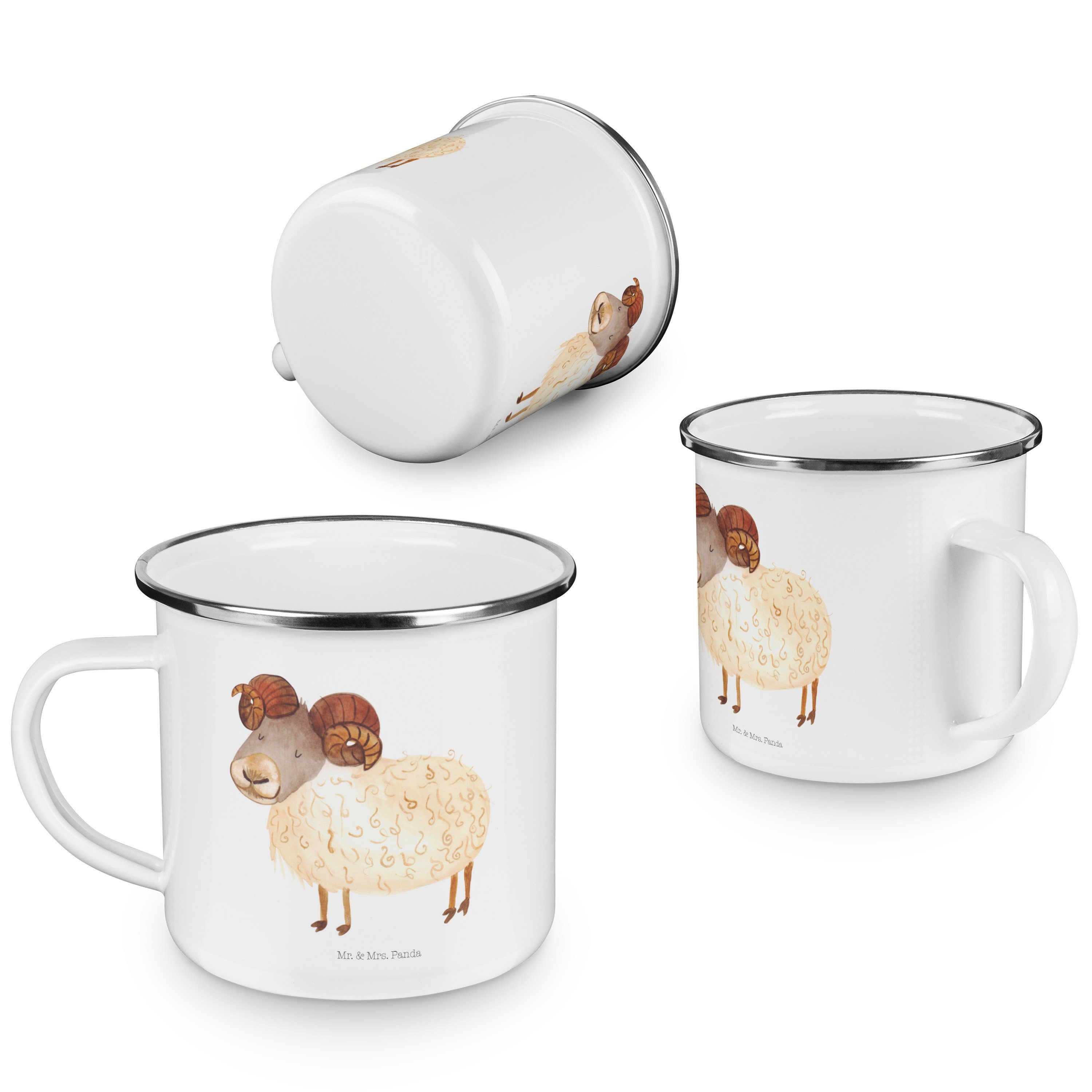 Emaille - Mrs. Campi, Weiß & Camping, Becher Widder Metalltasse Panda Sternzeichen Geschenk, für Mr. -