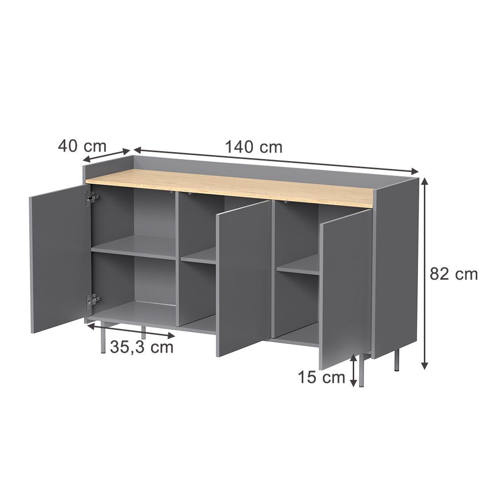 Vicco Kommode Velina, Grau/Eiche, 140 x 82 cm mit 6 Fächern (1 St)