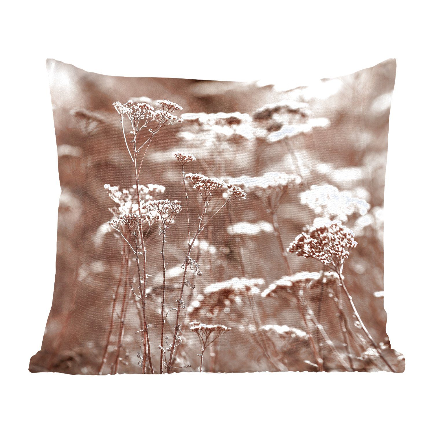 MuchoWow Dekokissen Pflanzen - Blumen - Winter - Schnee - Sepia, Zierkissen mit Füllung für Wohzimmer, Schlafzimmer, Deko, Sofakissen